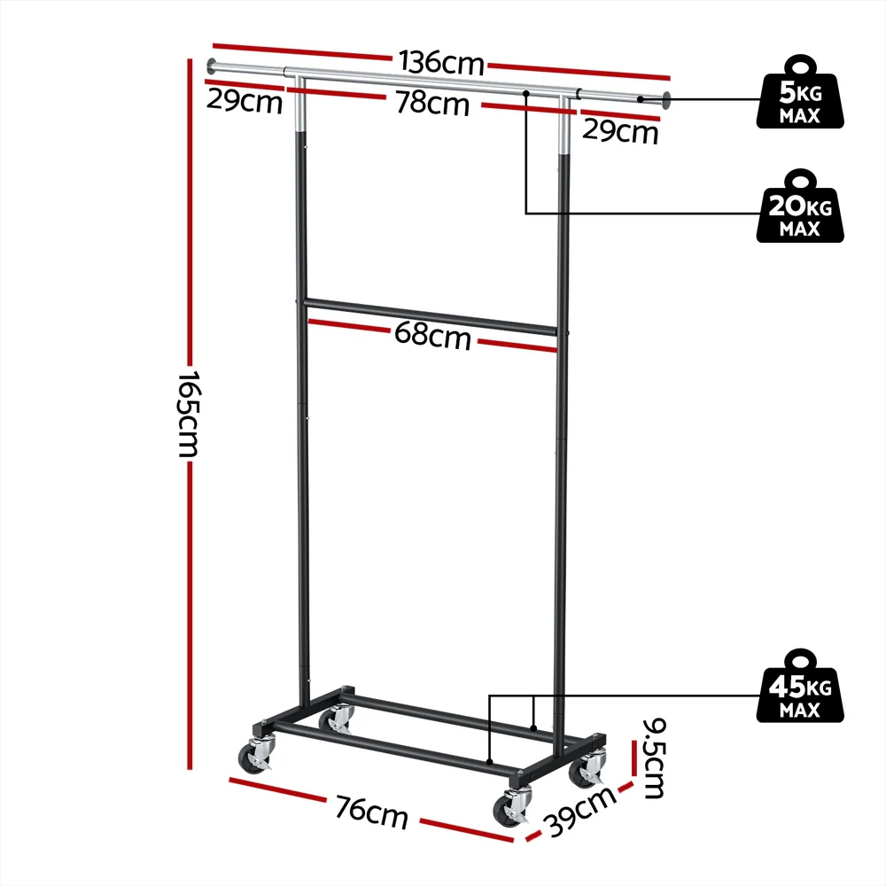 Artiss Heavy Duty Double Rod Clothes Rack Garment Metal Adjustable Shelf Wheels - Image 2