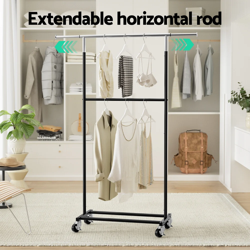 Artiss Heavy Duty Double Rod Clothes Rack Garment Metal Adjustable Shelf Wheels - Image 4