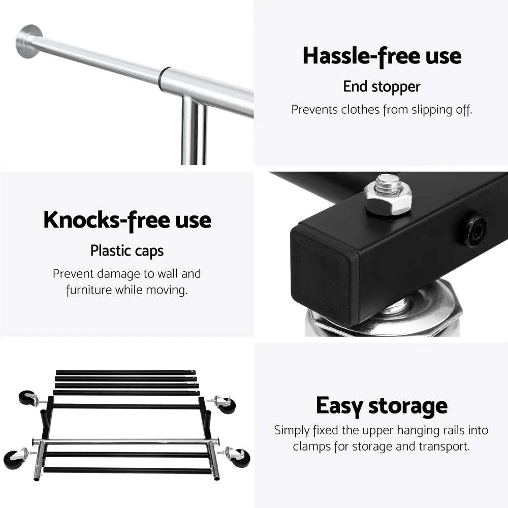 Artiss Heavy Duty Double Rod Clothes Rack Garment Metal Adjustable Shelf Wheels - Image 6