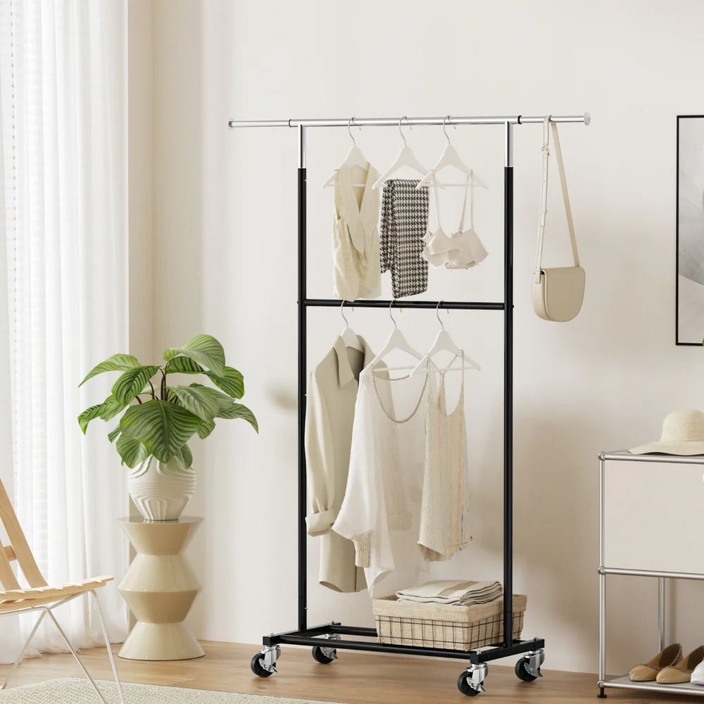 Artiss Heavy Duty Double Rod Clothes Rack Garment Metal Adjustable Shelf Wheels - Image 7