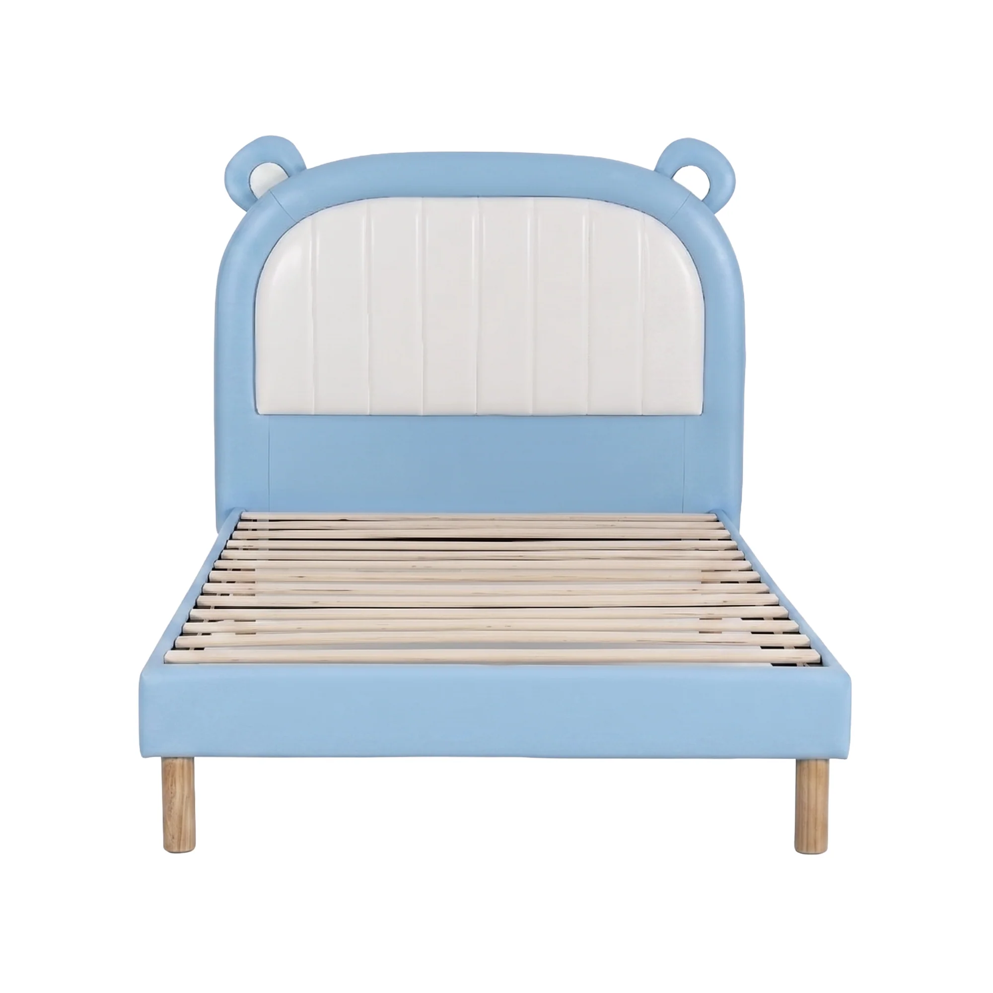 Artiss Kids King Single Bed Frame Upholstered Bear Headboard Waterproof Leather Boys Bed 180kg Capacity Blue and White - Image 4