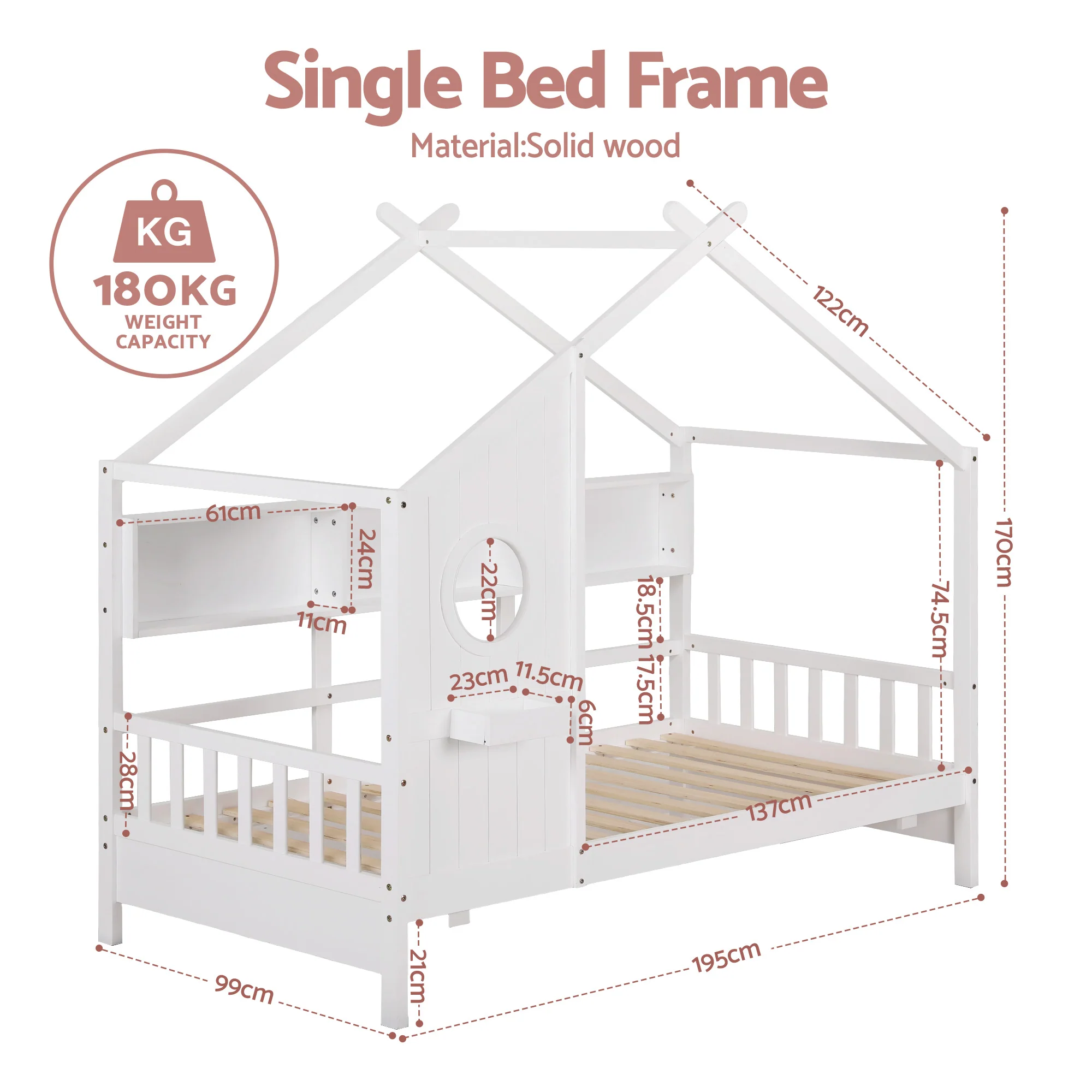 Artiss Kids Single Bed Frame House Bed Solid Wood Montessori Bed for Toddler White - Image 3