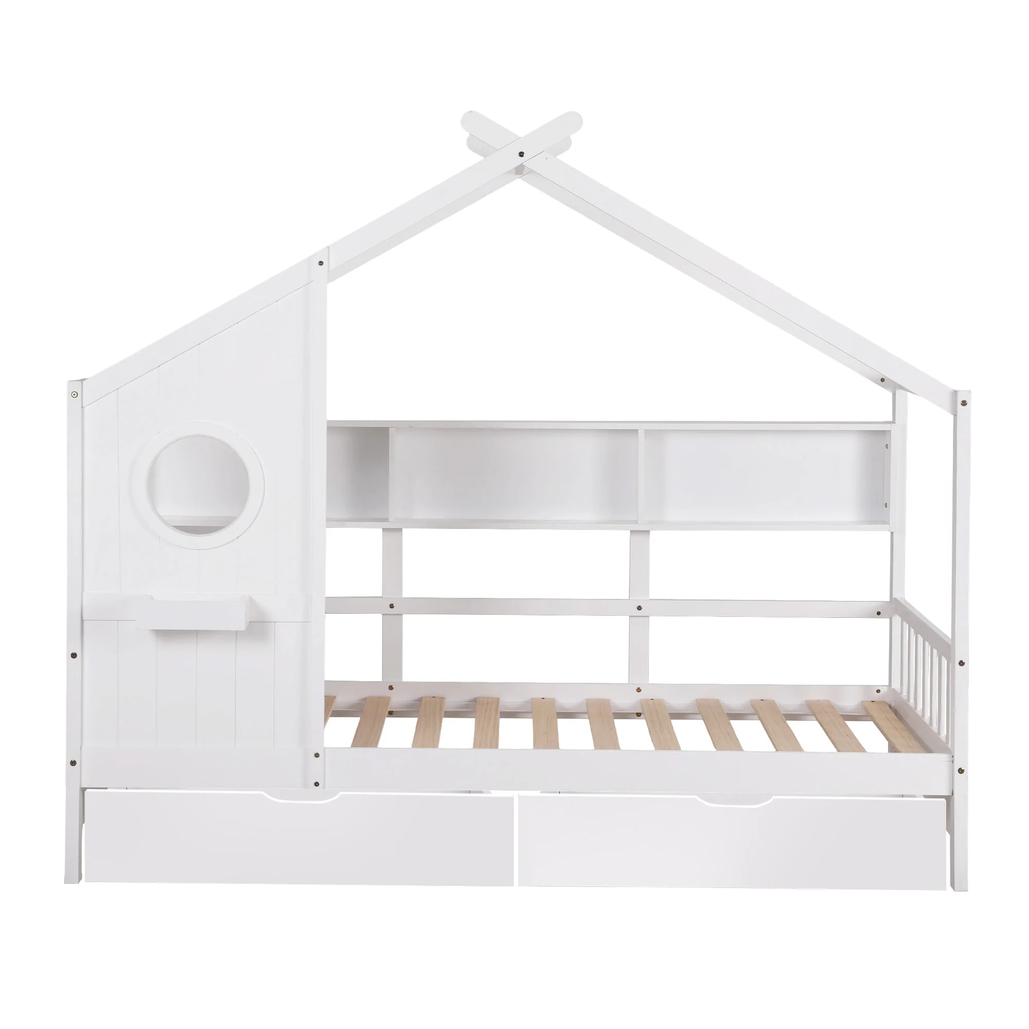 Artiss Kids Single Bed Frame with 3 Storage Bookcase & 2 Drawers House Bed Solid Wood Montessori Bed Easy Assembly White - Image 4