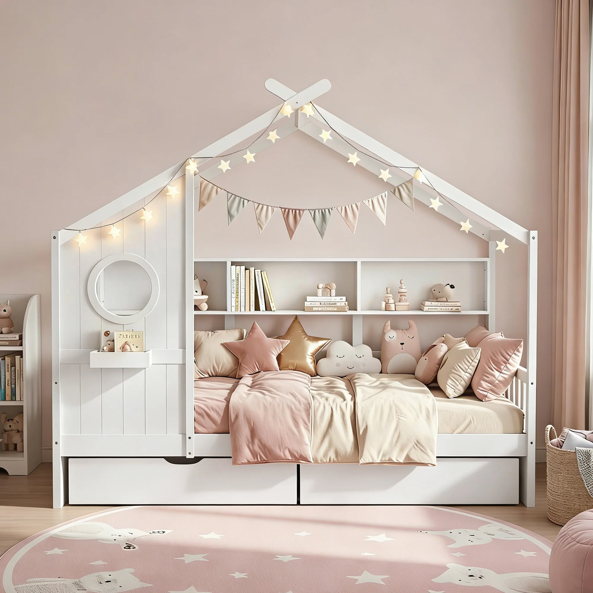 Artiss Kids Single Bed Frame with 3 Storage Bookcase & 2 Drawers House Bed Solid Wood Montessori Bed Easy Assembly White - Image 5