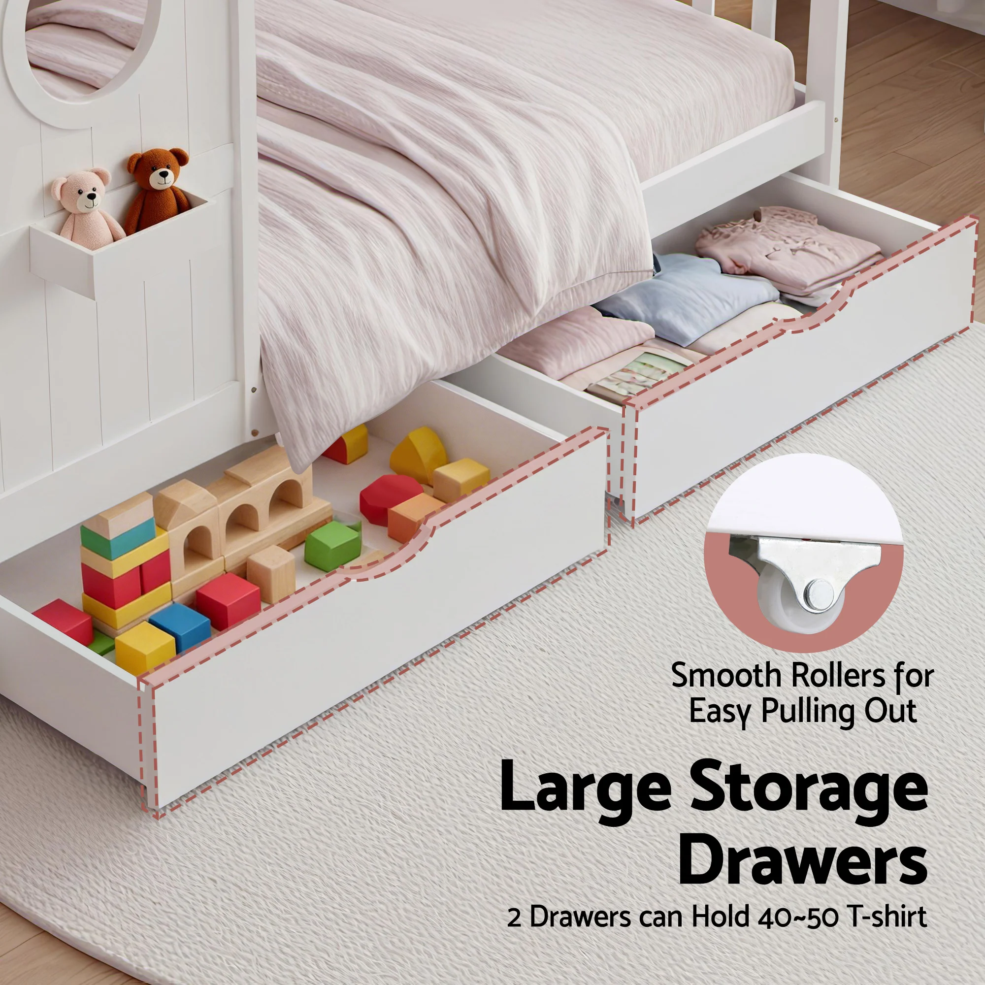 Artiss Kids Single Bed Frame with 3 Storage Bookcase & 2 Drawers House Bed Solid Wood Montessori Bed Easy Assembly White - Image 6