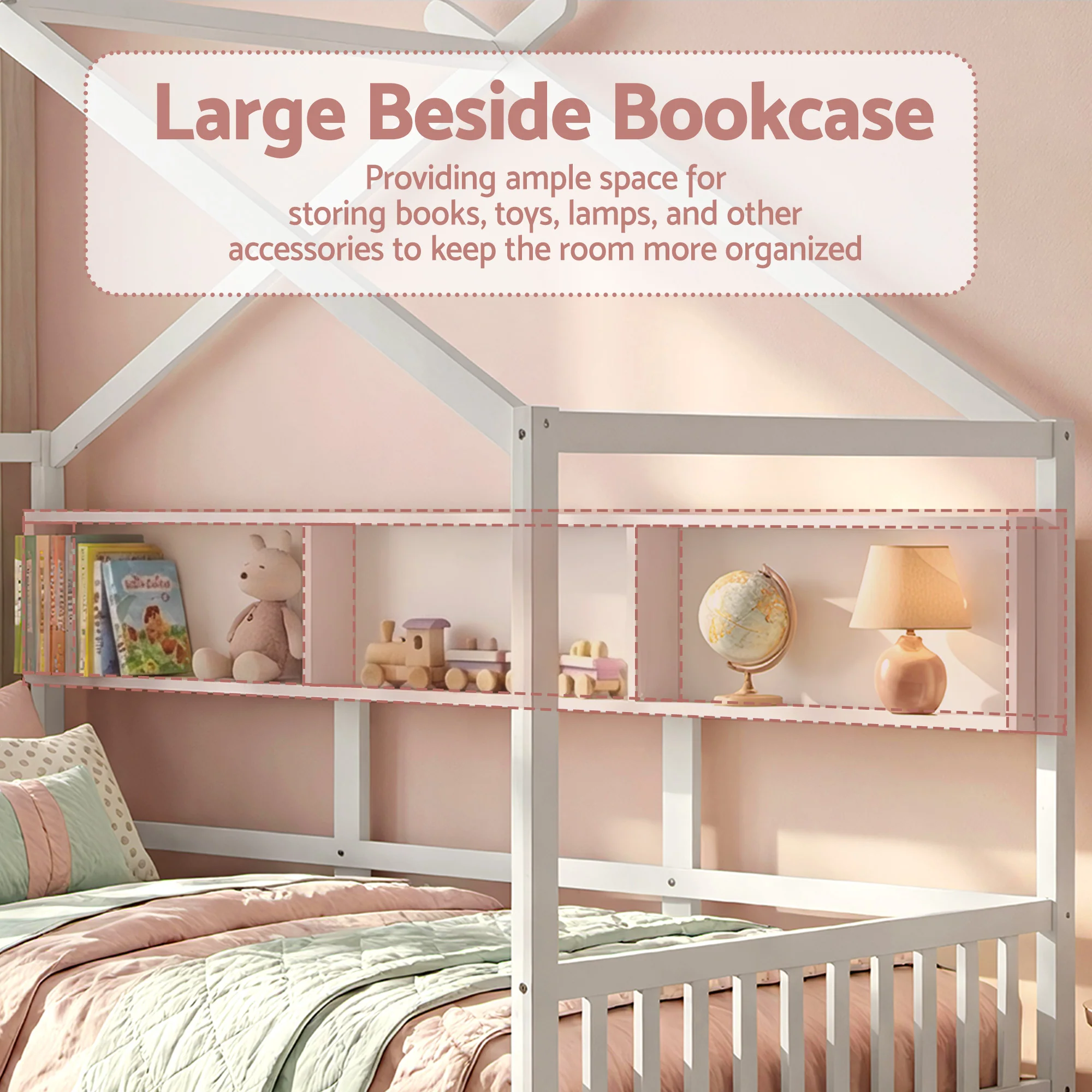 Artiss Kids Single Bed Frame with 3 Storage Bookcase & 2 Drawers House Bed Solid Wood Montessori Bed Easy Assembly White - Image 7