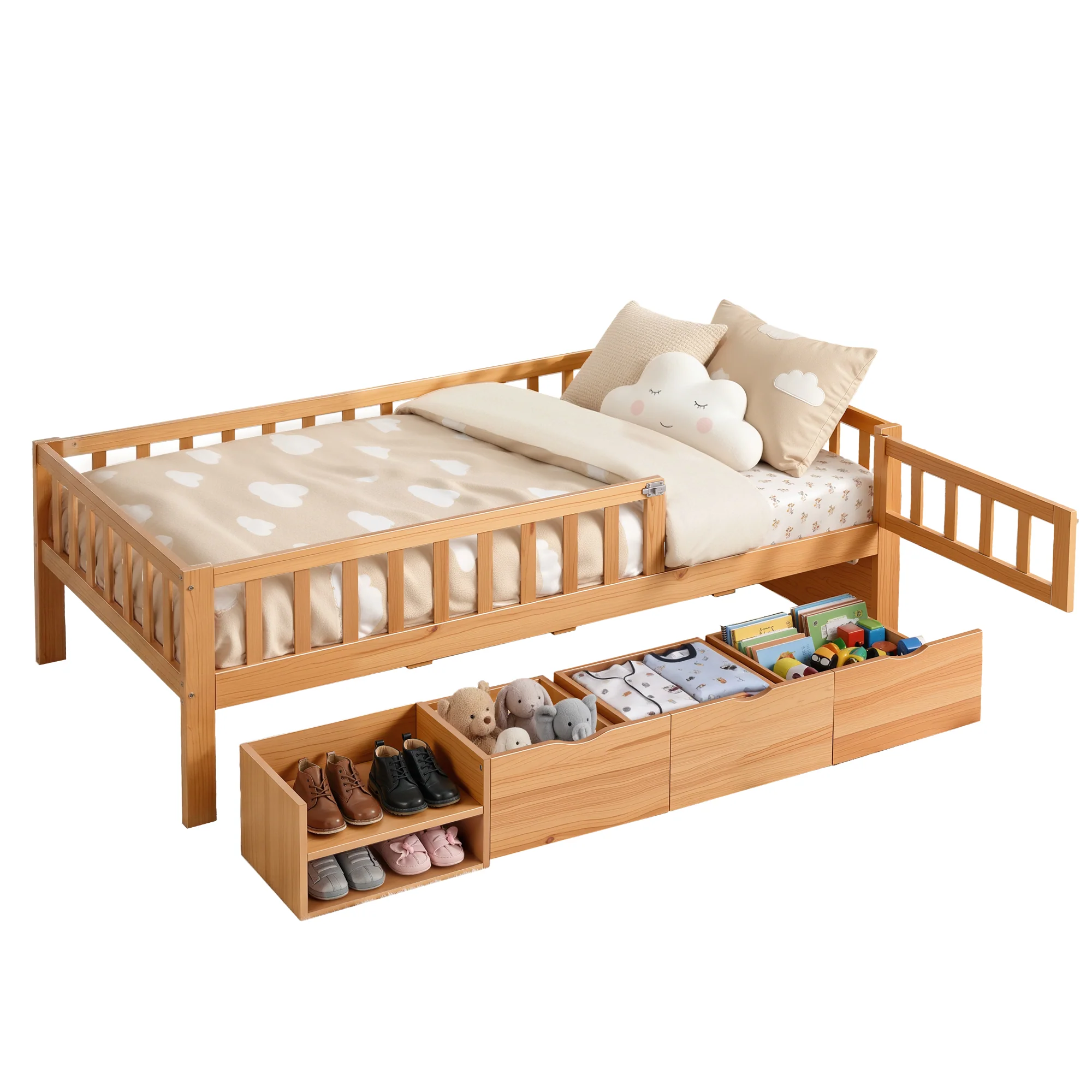 Artiss Kids Single Bed Frame with 3 Storage Drawer Montessori Bed for Toddler Natural - Image 2