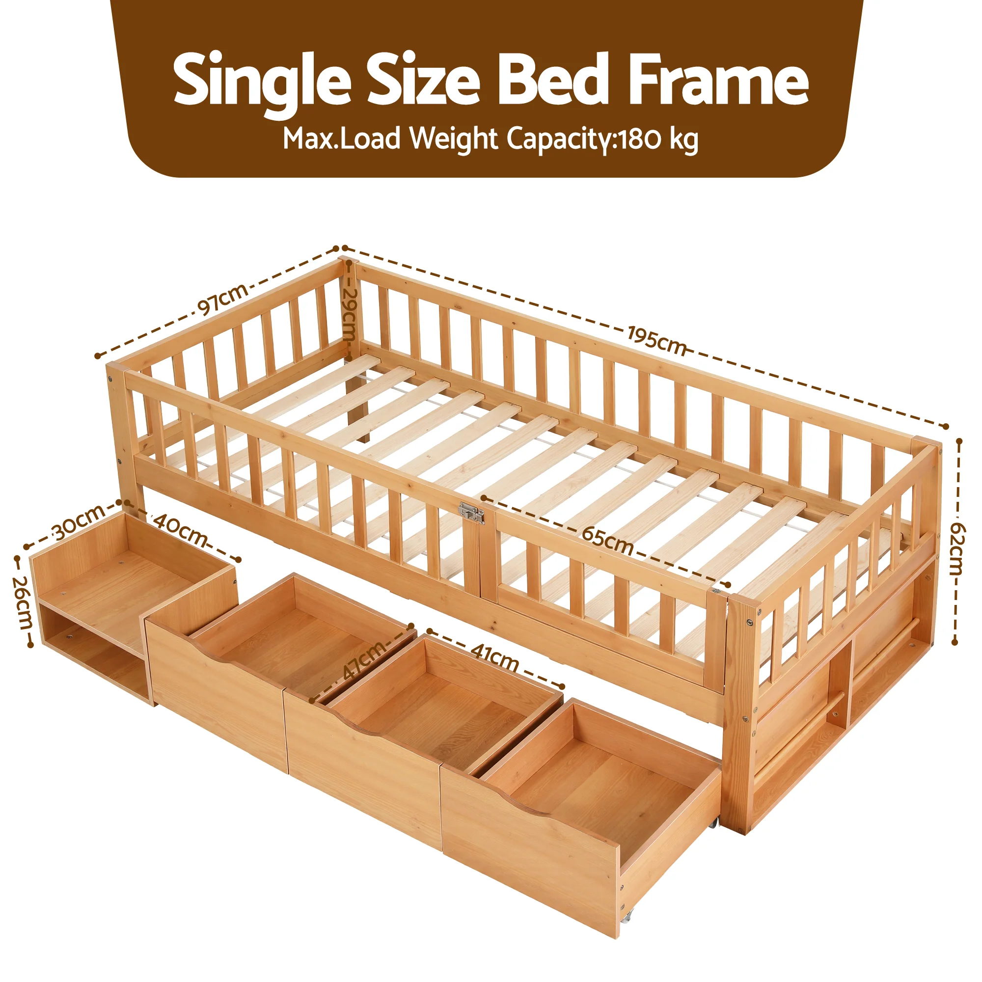 Artiss Kids Single Bed Frame with 3 Storage Drawer Montessori Bed for Toddler Natural - Image 3