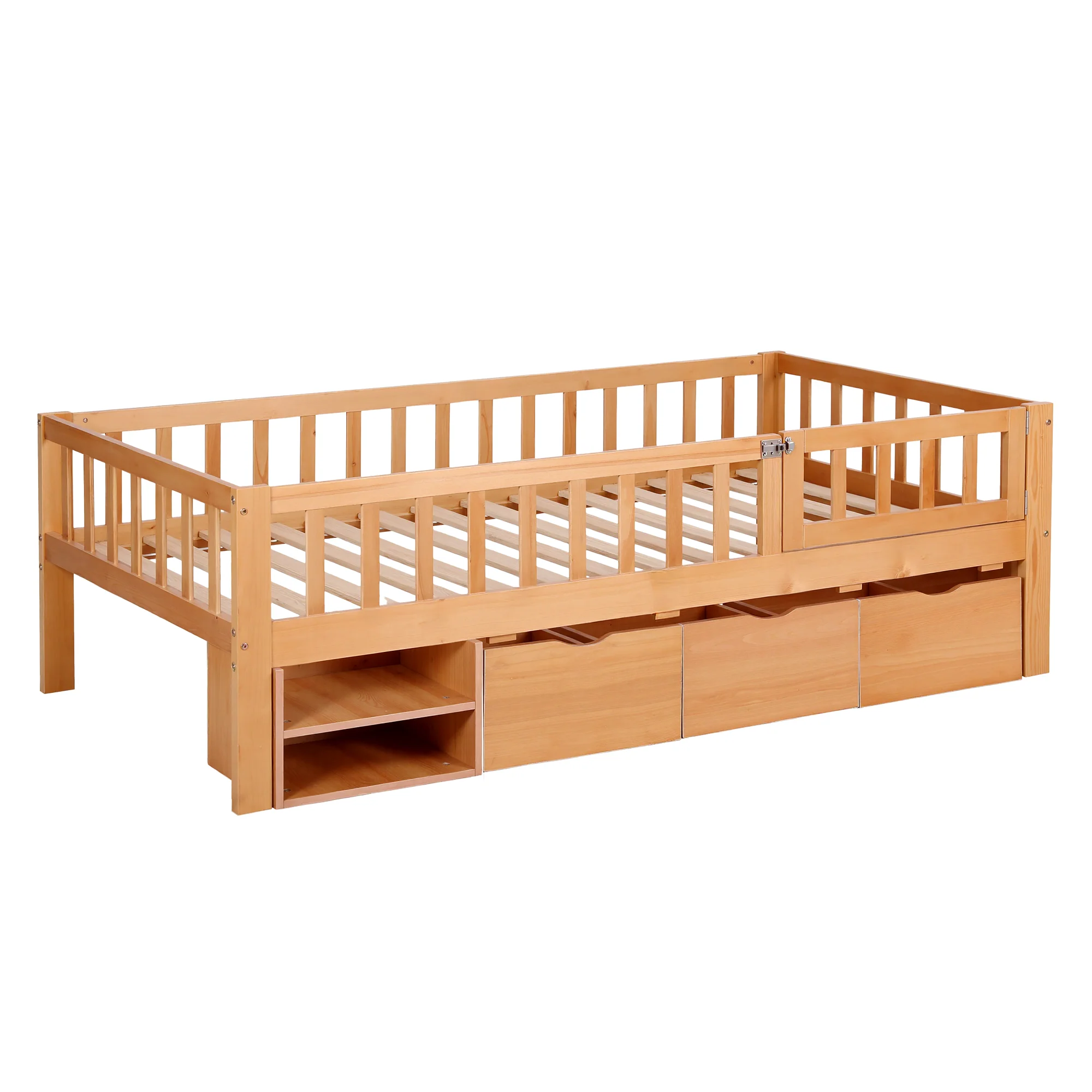 Artiss Kids Single Bed Frame with 3 Storage Drawer Montessori Bed for Toddler Natural - Image 4