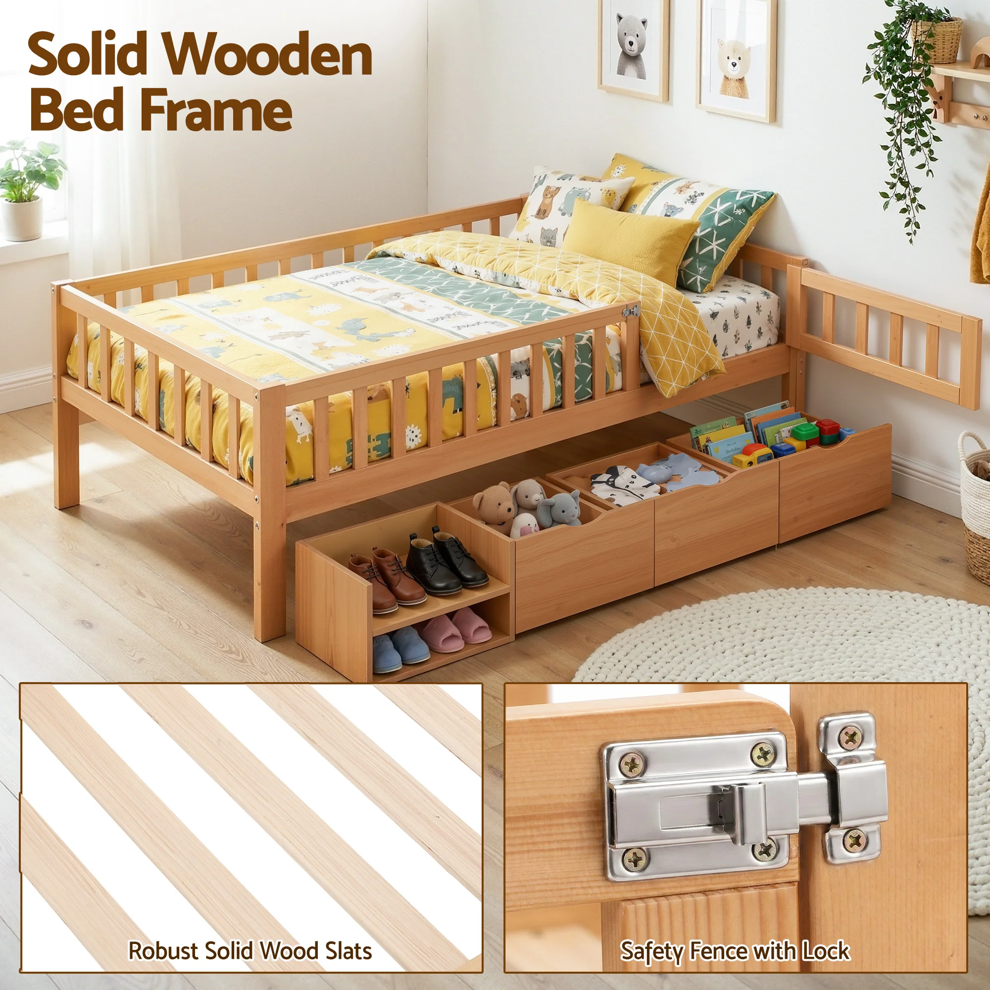 Artiss Kids Single Bed Frame with 3 Storage Drawer Montessori Bed for Toddler Natural - Image 5