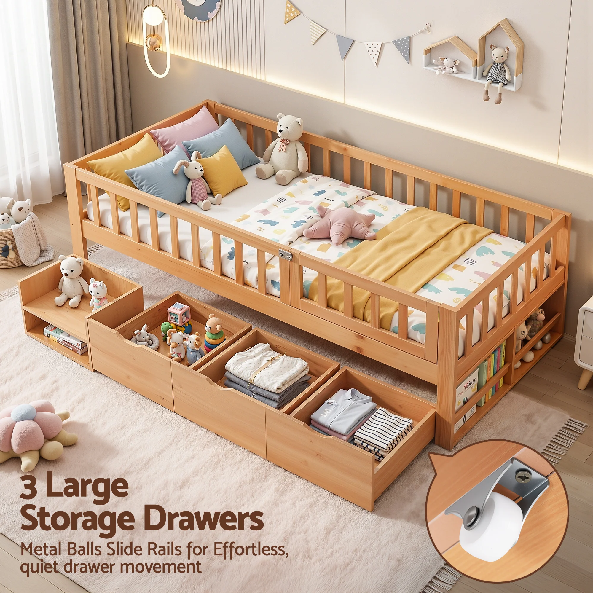 Artiss Kids Single Bed Frame with 3 Storage Drawer Montessori Bed for Toddler Natural - Image 6
