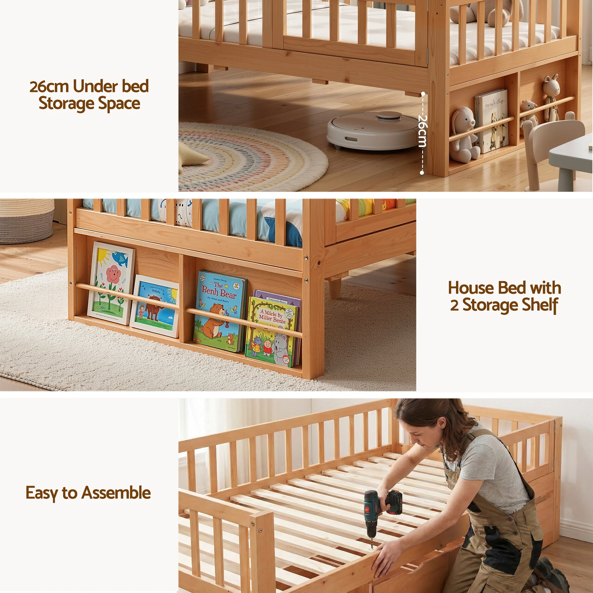 Artiss Kids Single Bed Frame with 3 Storage Drawer Montessori Bed for Toddler Natural - Image 7