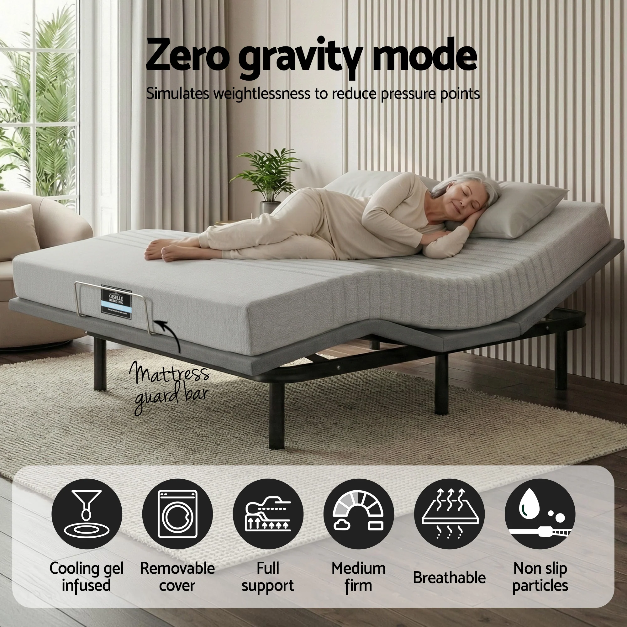 Artiss King Bed Frame and Giselle Bedding King Memory Foam Mattress Set, Electric Bed Base with Zero Gravity & 7 Zone Cooling Comfort for Back Pain Relief, Black & Grey, 15cm Thickness - Image 6