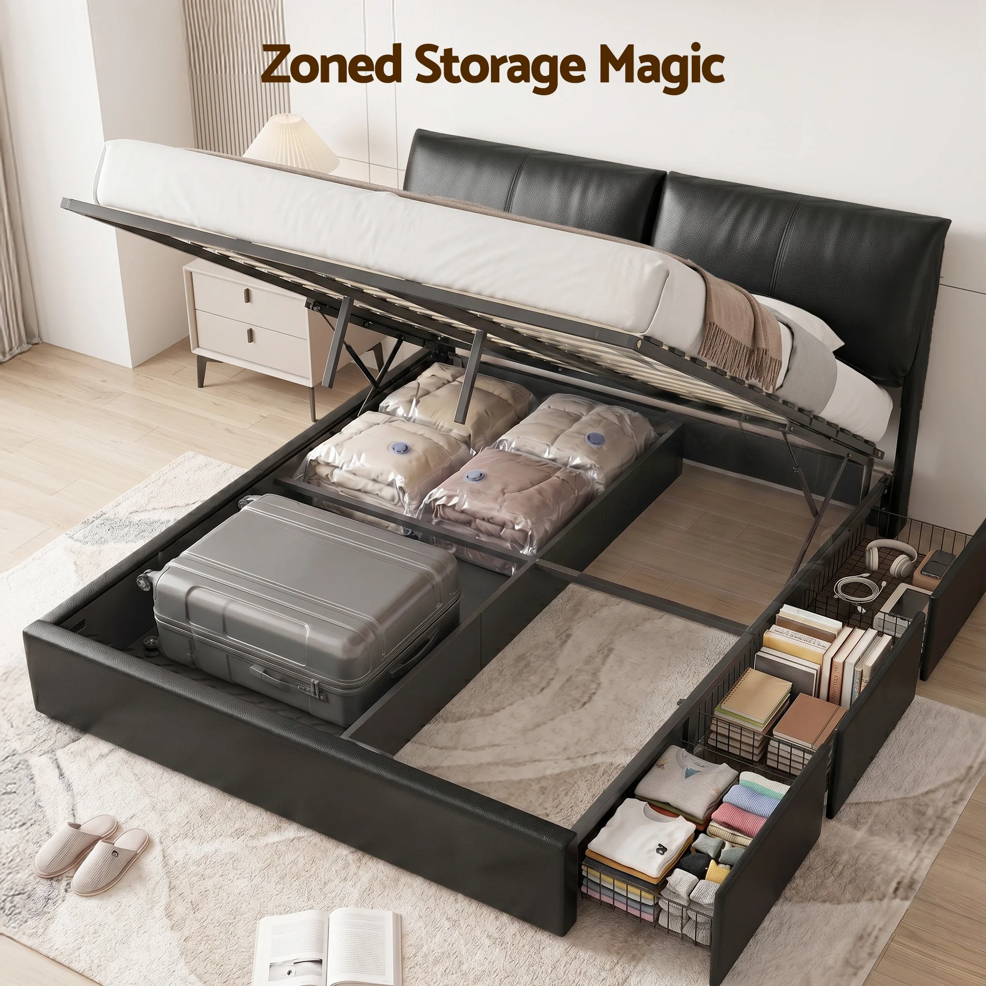 Artiss King Bed Frame Gas Lift Storage 3 Drawers Adjustable Headboard Platform Bed Black - Image 5