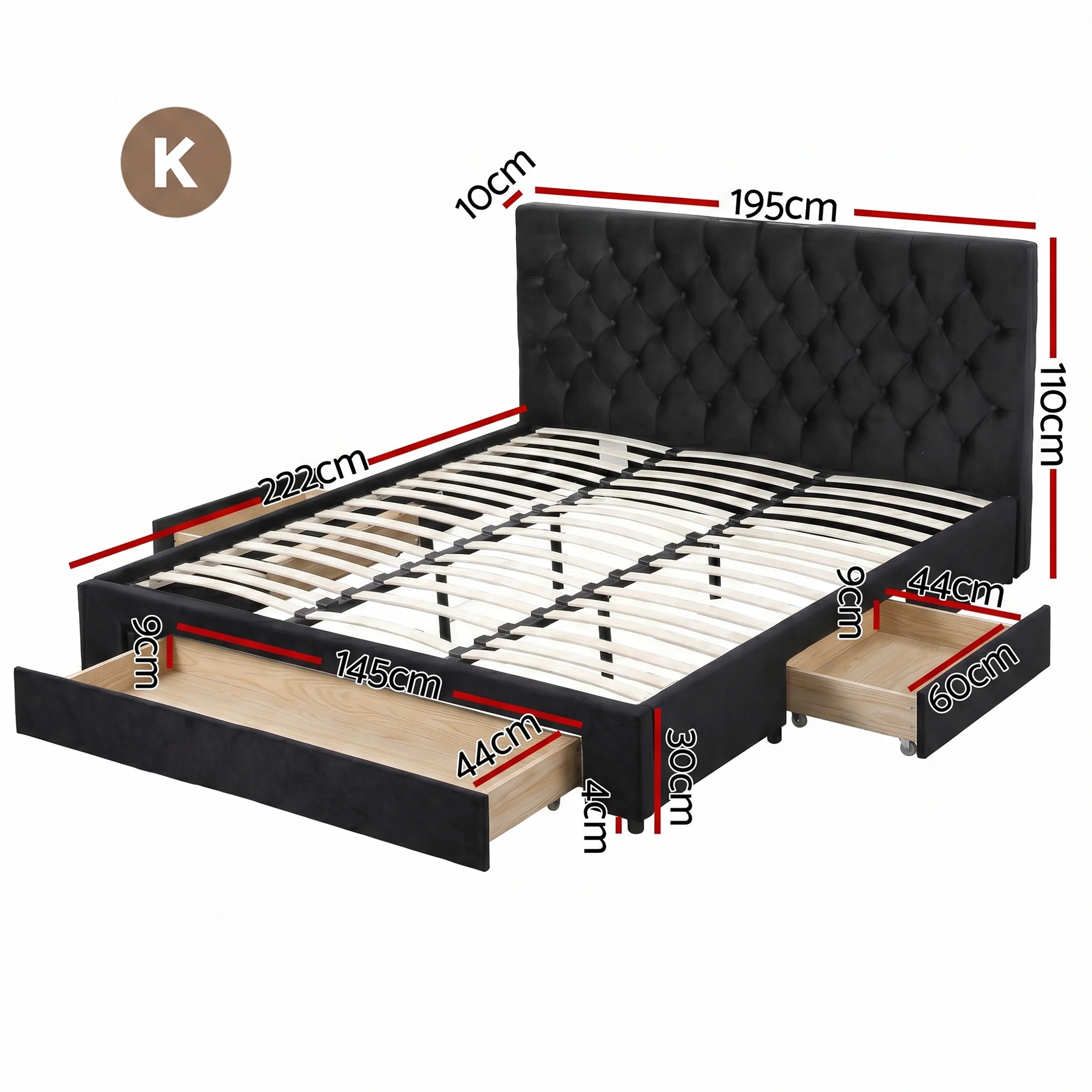 Artiss King Bed Frame Storage Charging Station Upholstered 3 Drawers USB Type-C - Image 3
