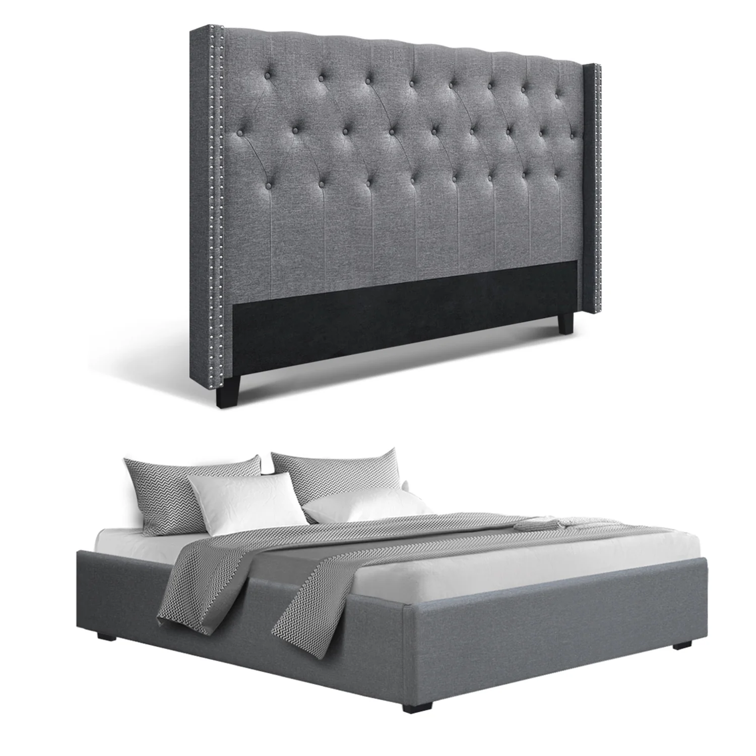 Artiss King Bed Frame Storage Tufted Headboard Gas Lift Base Grey - Image 3