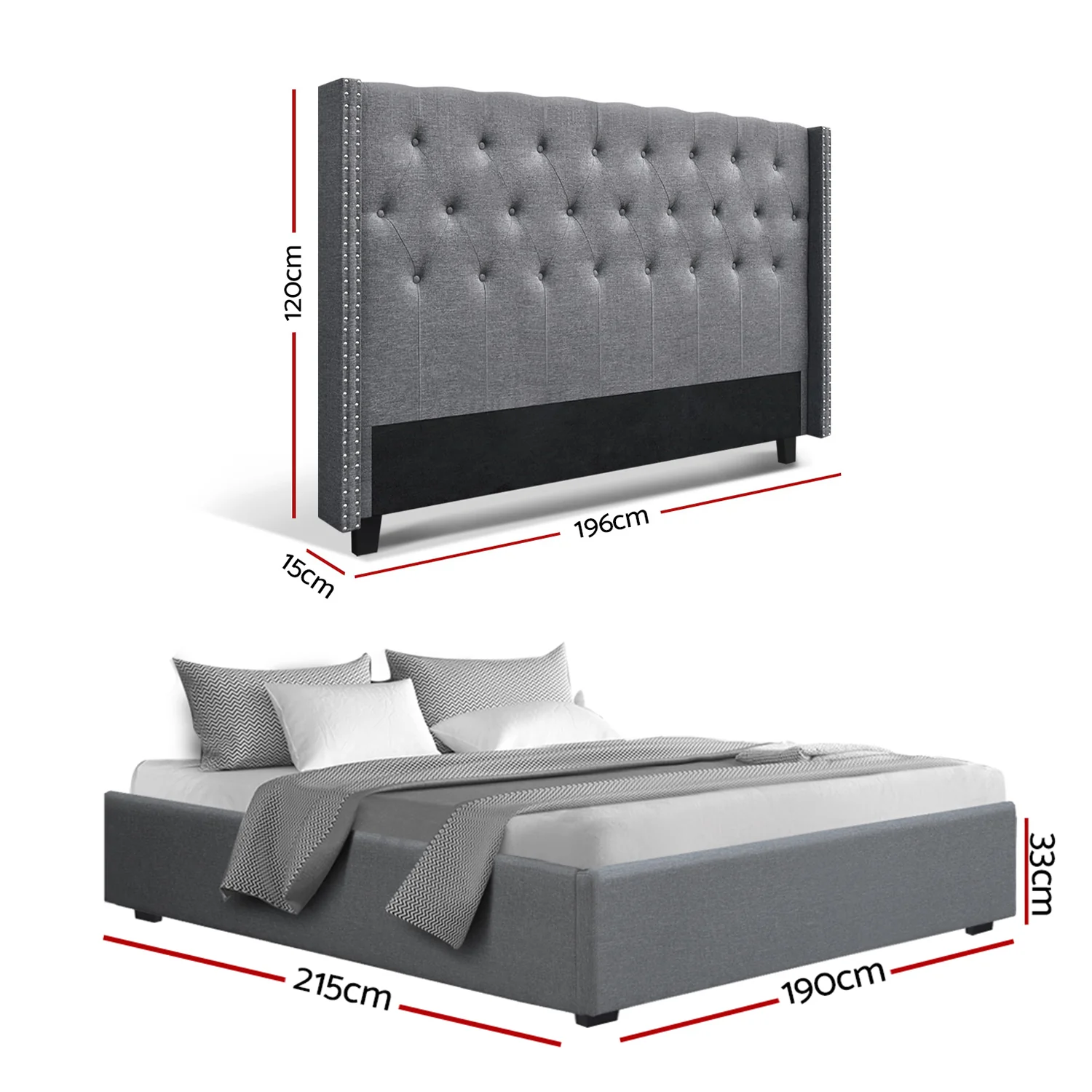 Artiss King Bed Frame Storage Tufted Headboard Gas Lift Base Grey - Image 4