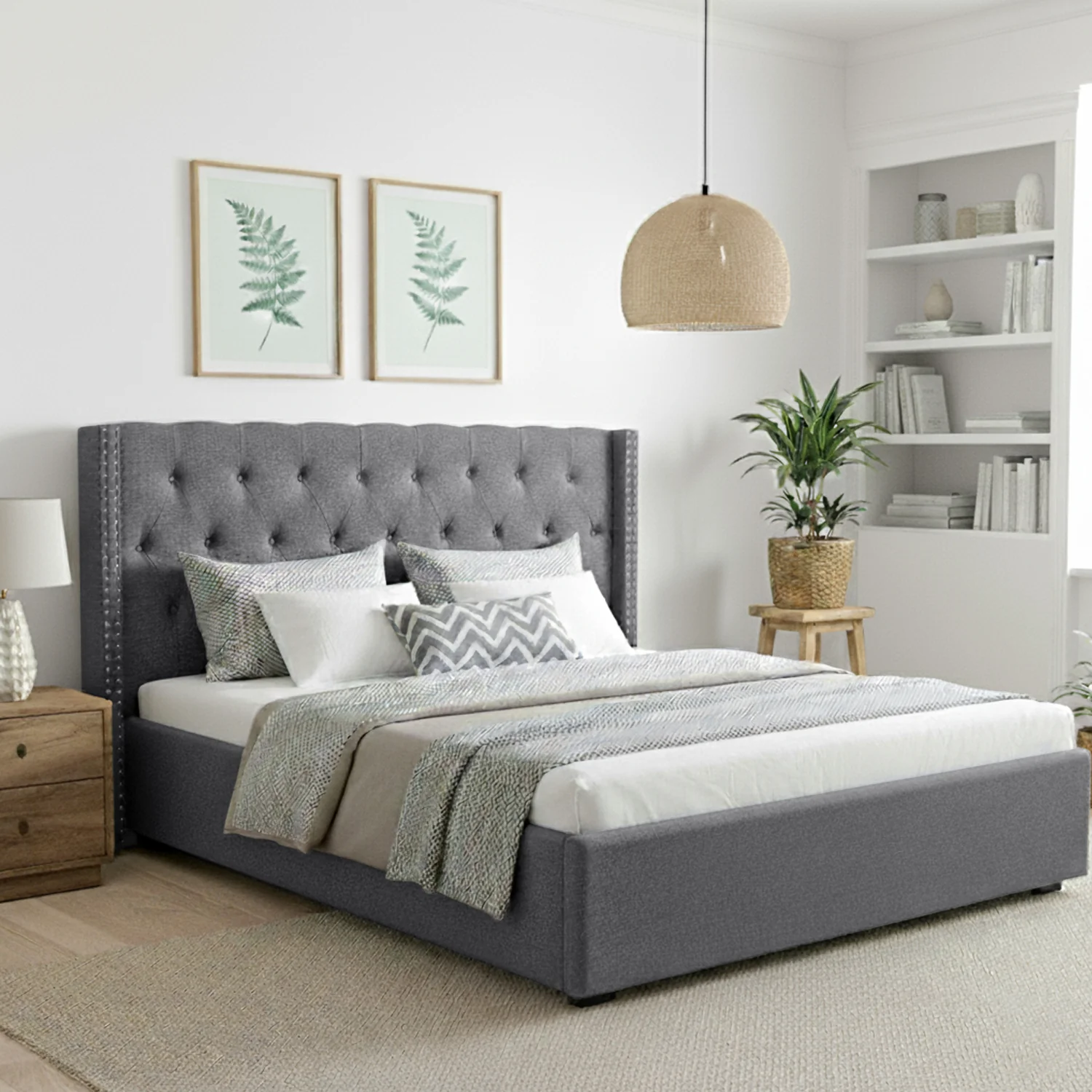 Artiss King Bed Frame Storage Tufted Headboard Gas Lift Base Grey - Image 7