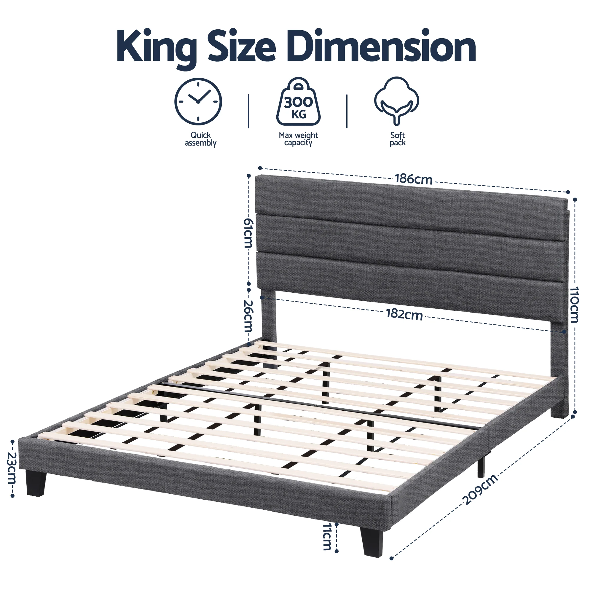 Artiss King Bed Frame Upholstered Platform Base with Geometric Headboard Charcoal Grey Linen Wood Slats for Modern Bedroom Furniture Home Decor - Image 2