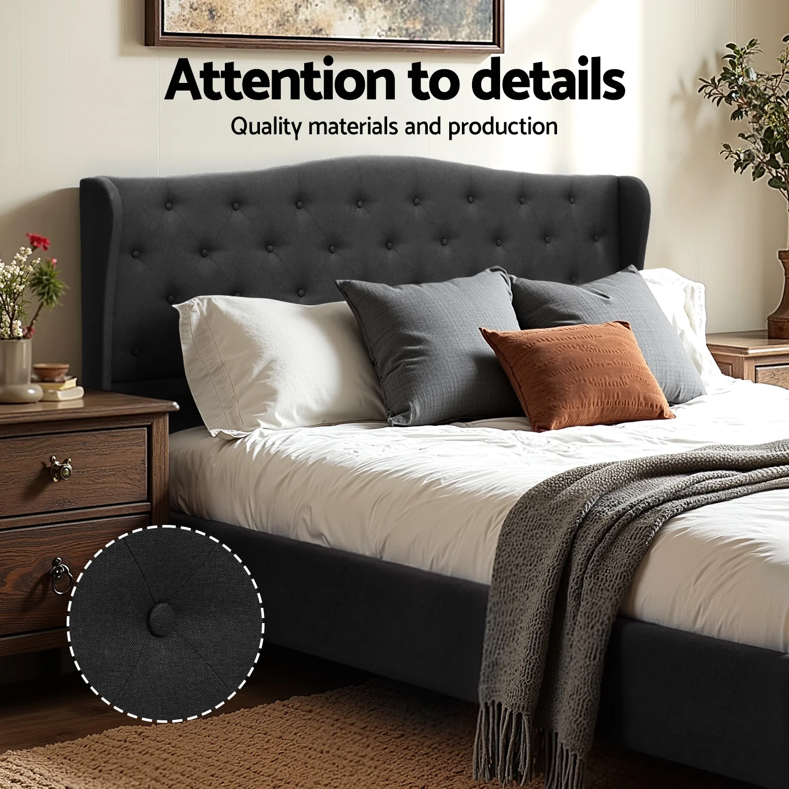 Artiss King Bed Frame Wingback Headboard Charcoal Grey Linen Upholstered Platform Bed Base - Image 4