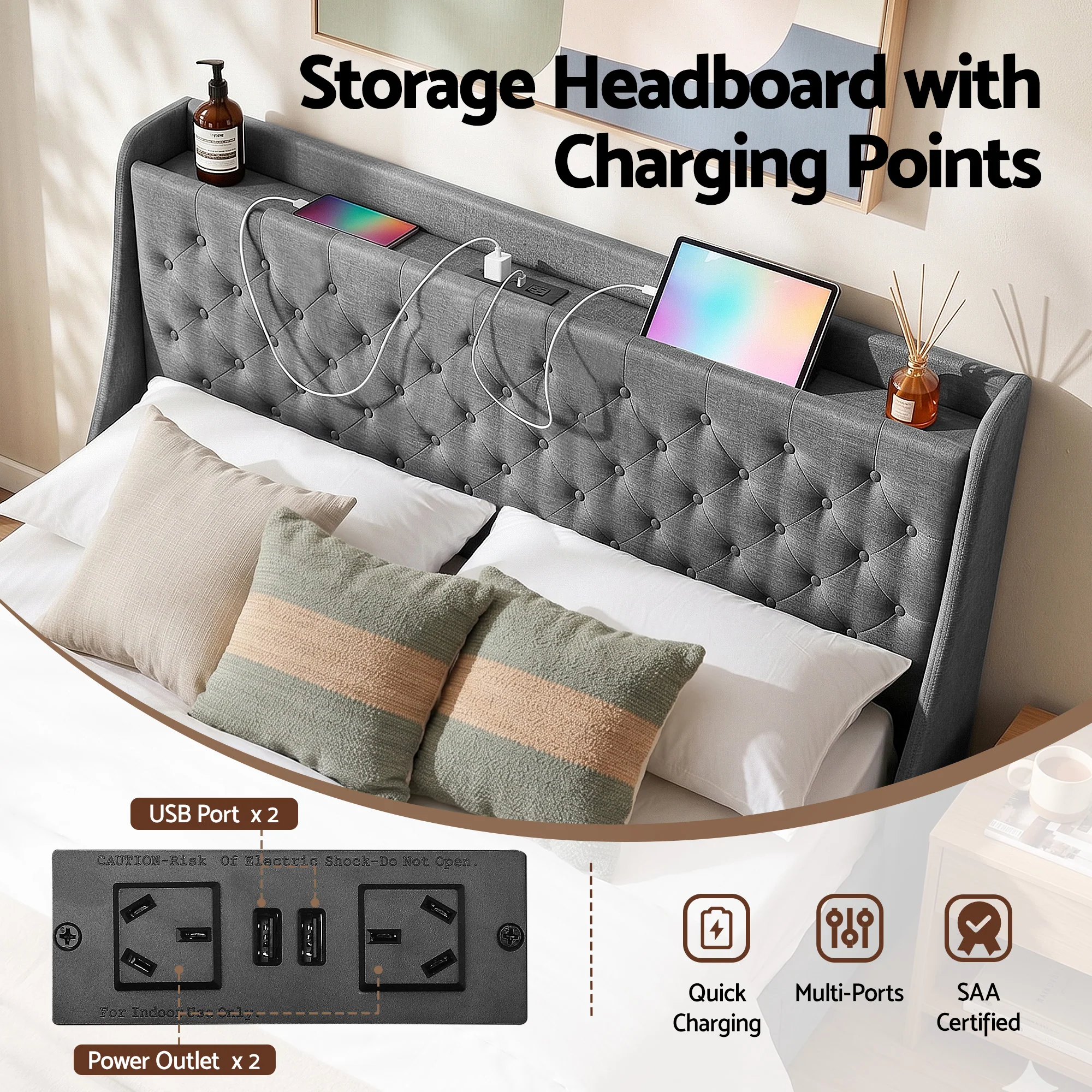 Artiss King Bed Frame with 4 Storage Drawers and Charging Station Tufted Wingback Headboard 300kg Loads Charcoal Grey - Image 6