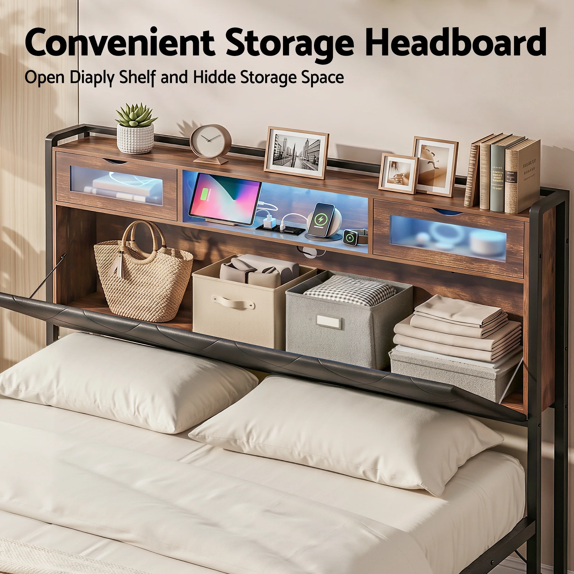 Artiss King Bed Frame with LED Lights and Storage Headboard Charging Station - Image 6