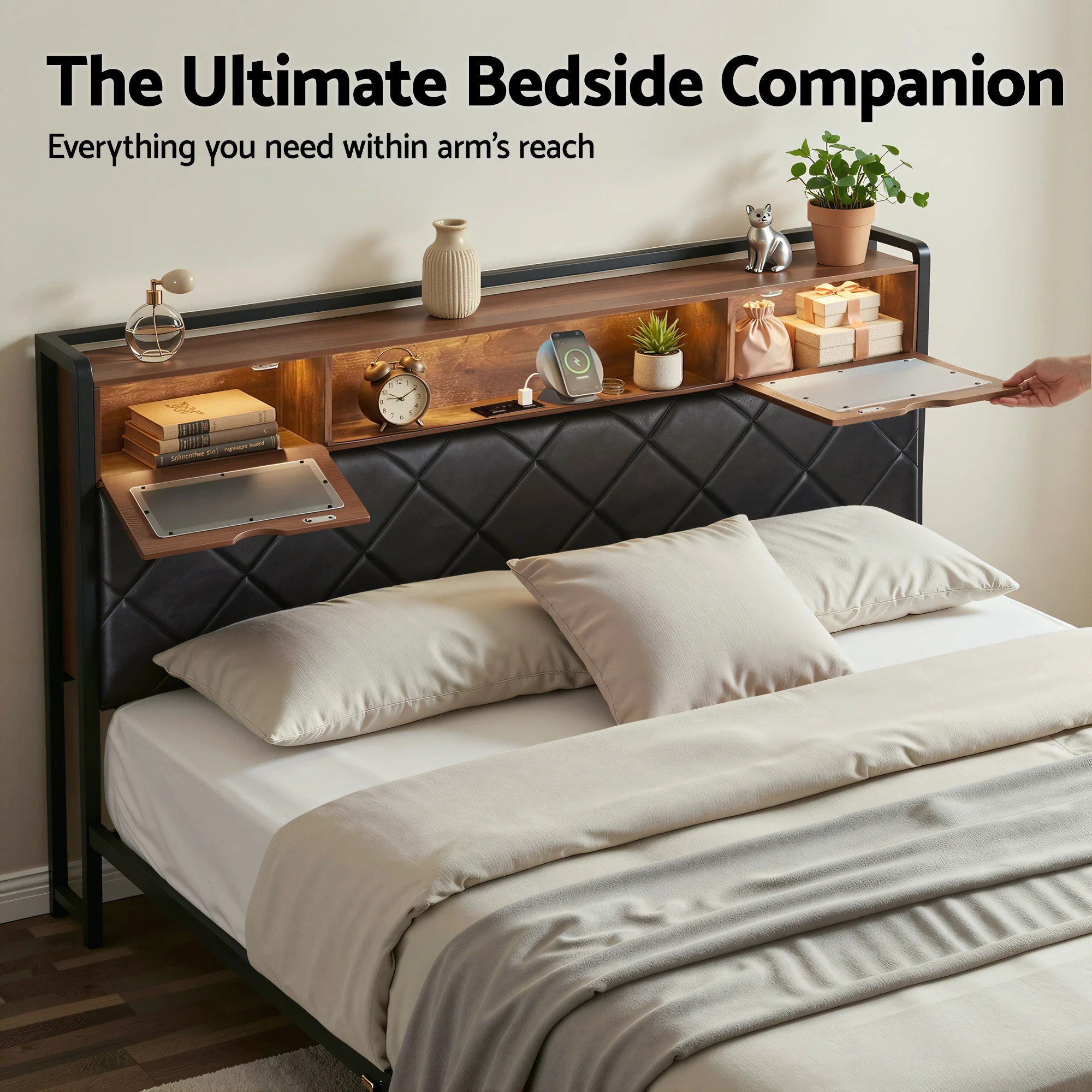 Artiss King Bed Frame with LED Lights and Storage Headboard Charging Station - Image 7