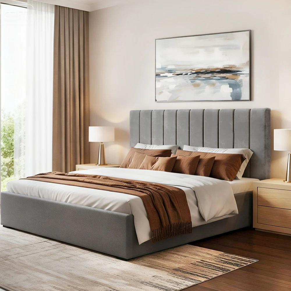 Artiss King Bed Frame with Storage Grey Velvet Headboard Gas Lift Platform Base - Image 7