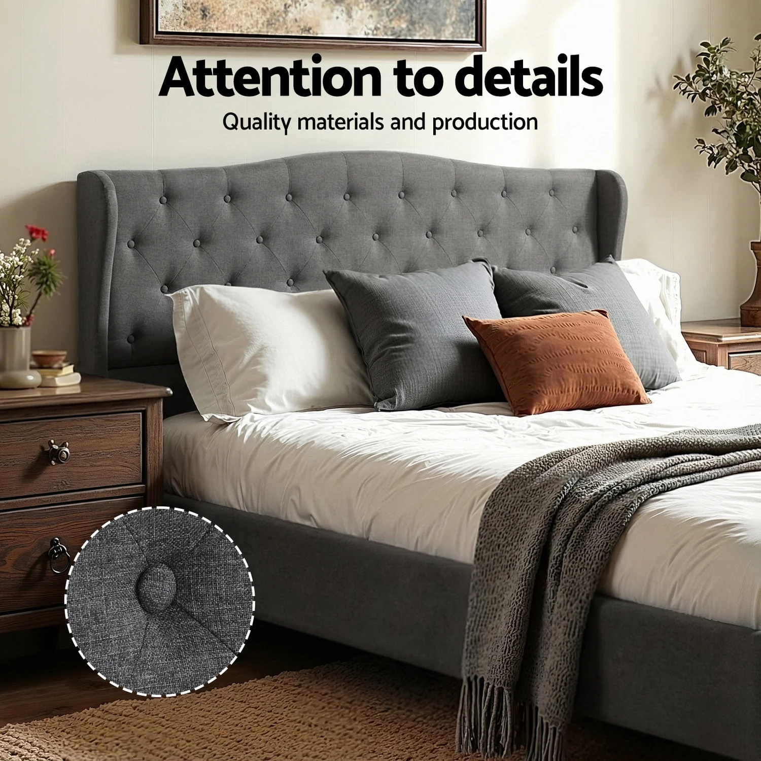 Artiss King Bed Frame with Wingback Headboard Grey Linen Upholstered Platform Bed Base - Image 4