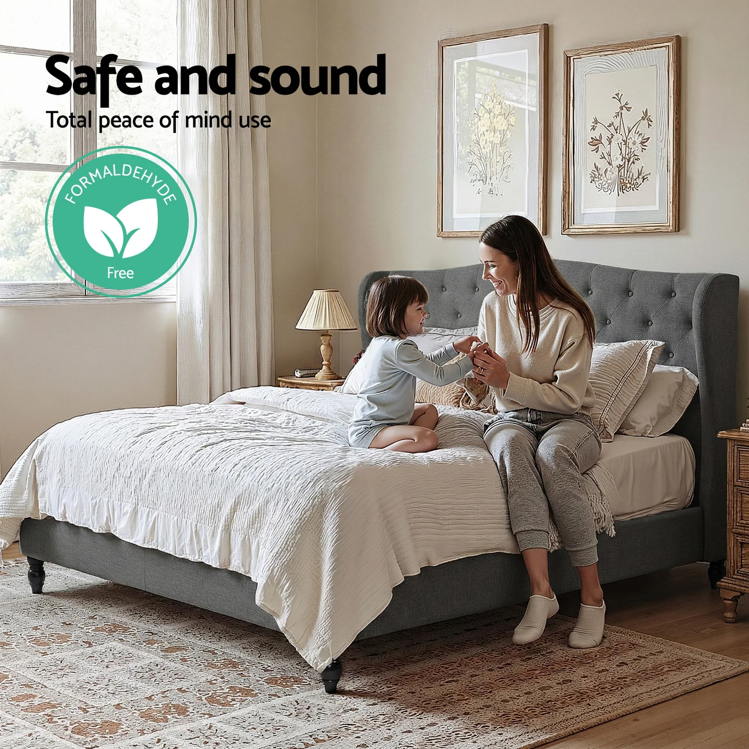 Artiss King Bed Frame with Wingback Headboard Grey Linen Upholstered Platform Bed Base - Image 5