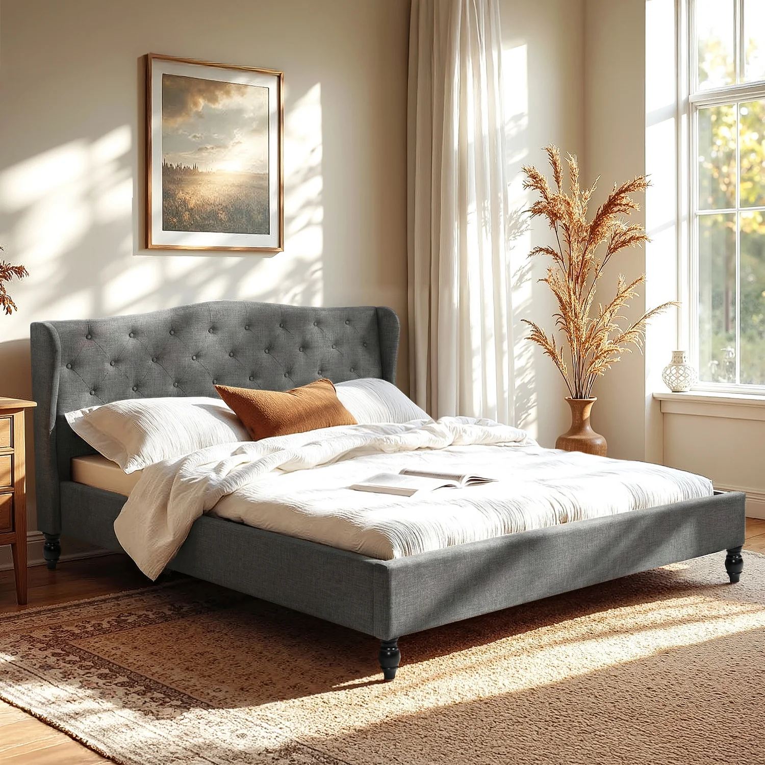 Artiss King Bed Frame with Wingback Headboard Grey Linen Upholstered Platform Bed Base - Image 7
