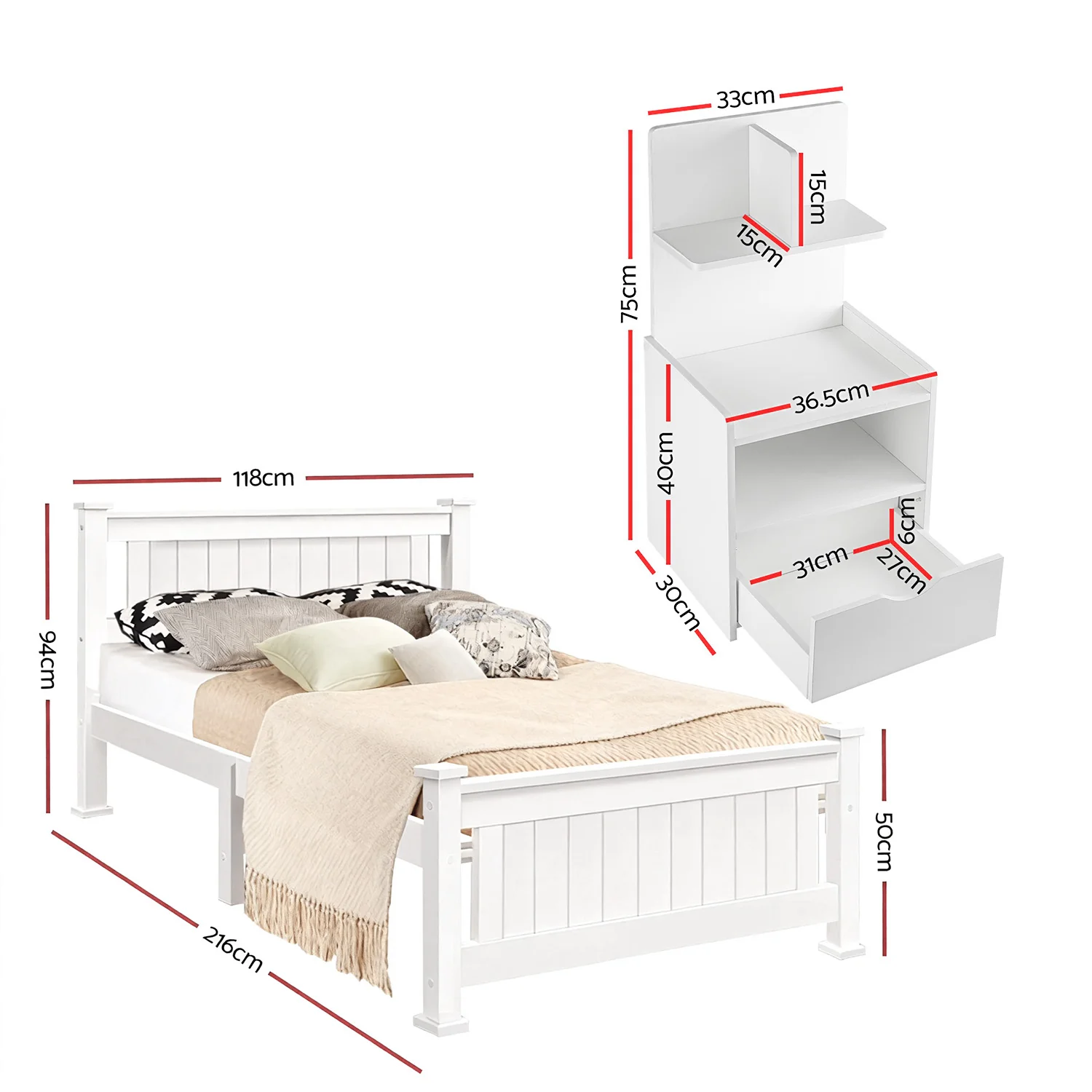 Artiss King Single Bed Frame and Bedside Table White - Image 2