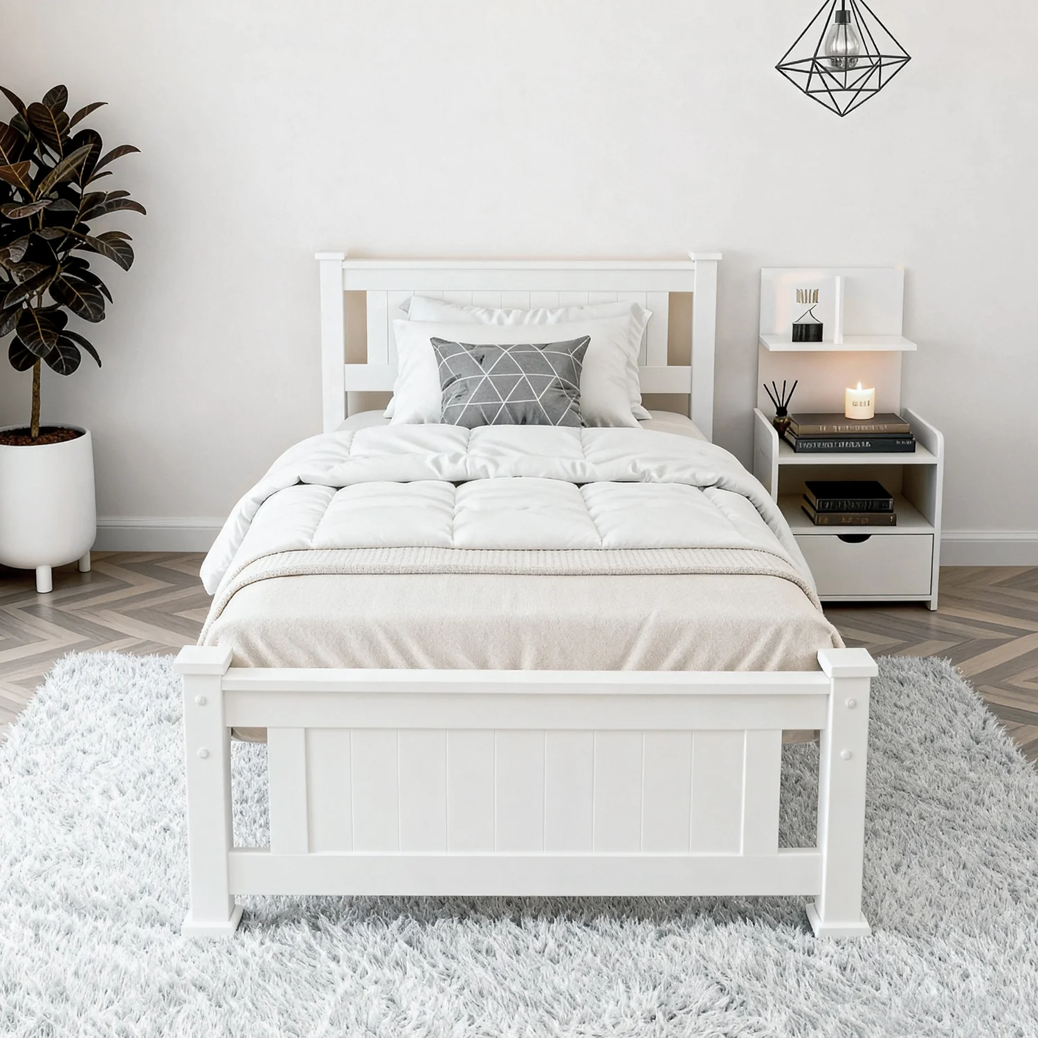Artiss King Single Bed Frame and Bedside Table White - Image 3