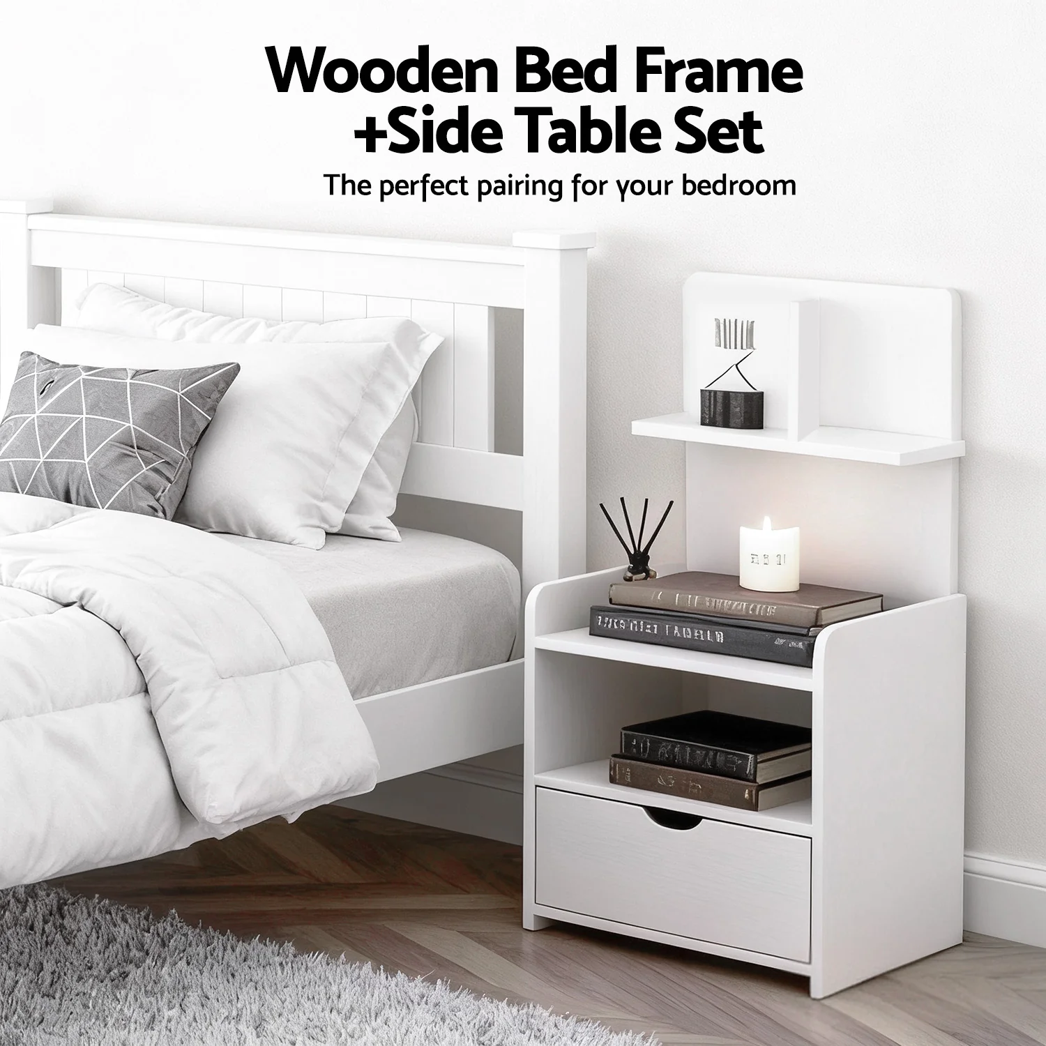Artiss King Single Bed Frame and Bedside Table White - Image 5