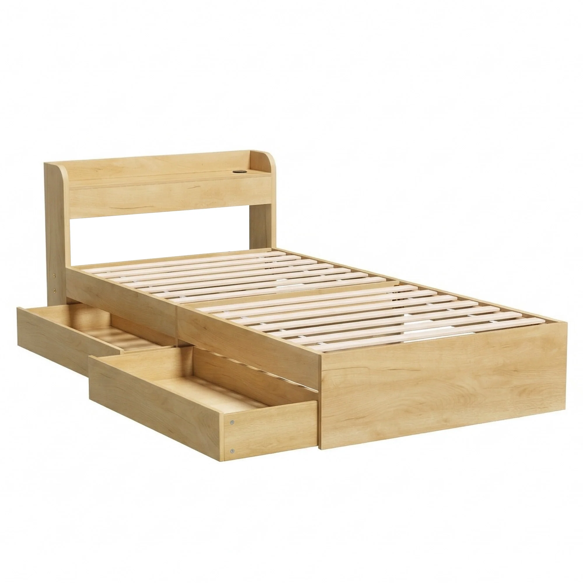 Artiss King Single Bed Frame with 2 Drawers Platform Bed with Headboard Bed Base with USB Ports Natural - Image 2