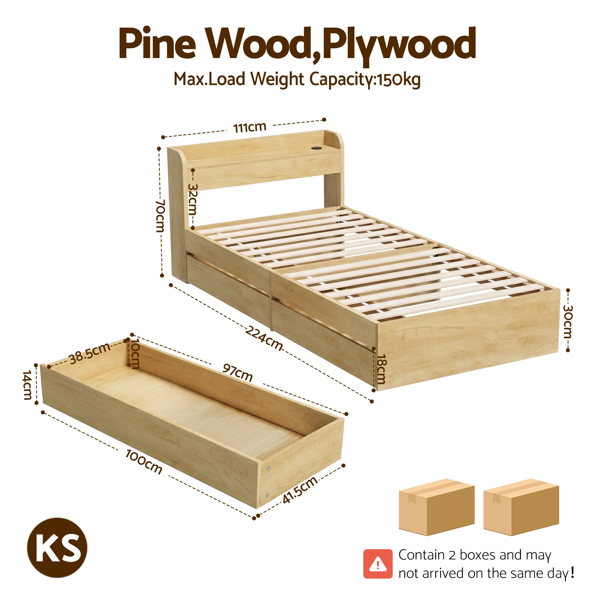 Artiss King Single Bed Frame with 2 Drawers Platform Bed with Headboard Bed Base with USB Ports Natural - Image 3