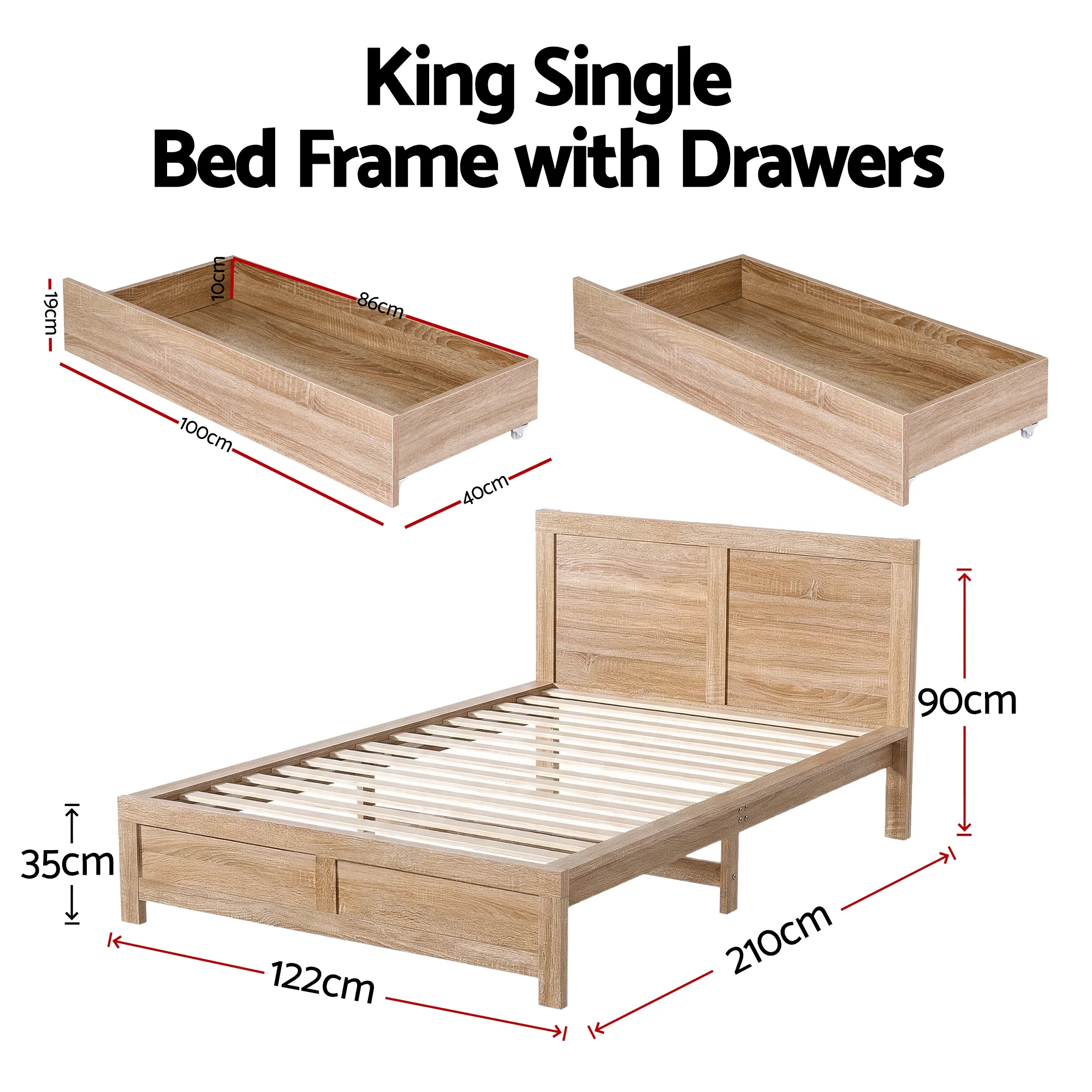 Artiss King Single Size Bed Frame with 2 Drawers Bedroom Furniture - Image 3
