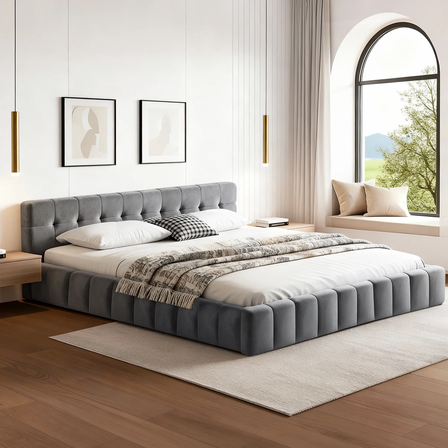 Artiss King Size Bed Frame Plush Soft Headboard Velvet Platform Base for Modern Bedrooms Grey - Image 2