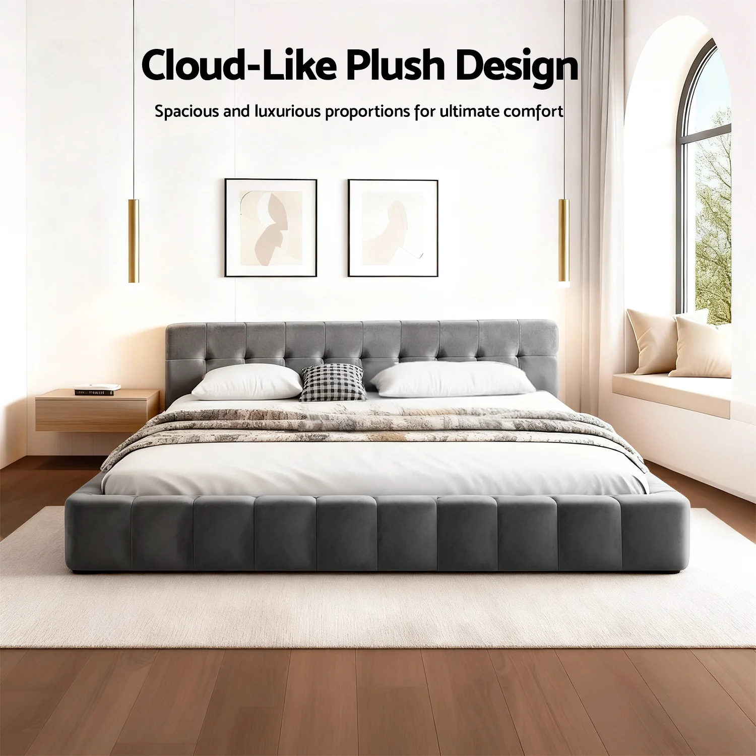 Artiss King Size Bed Frame Plush Soft Headboard Velvet Platform Base for Modern Bedrooms Grey - Image 4