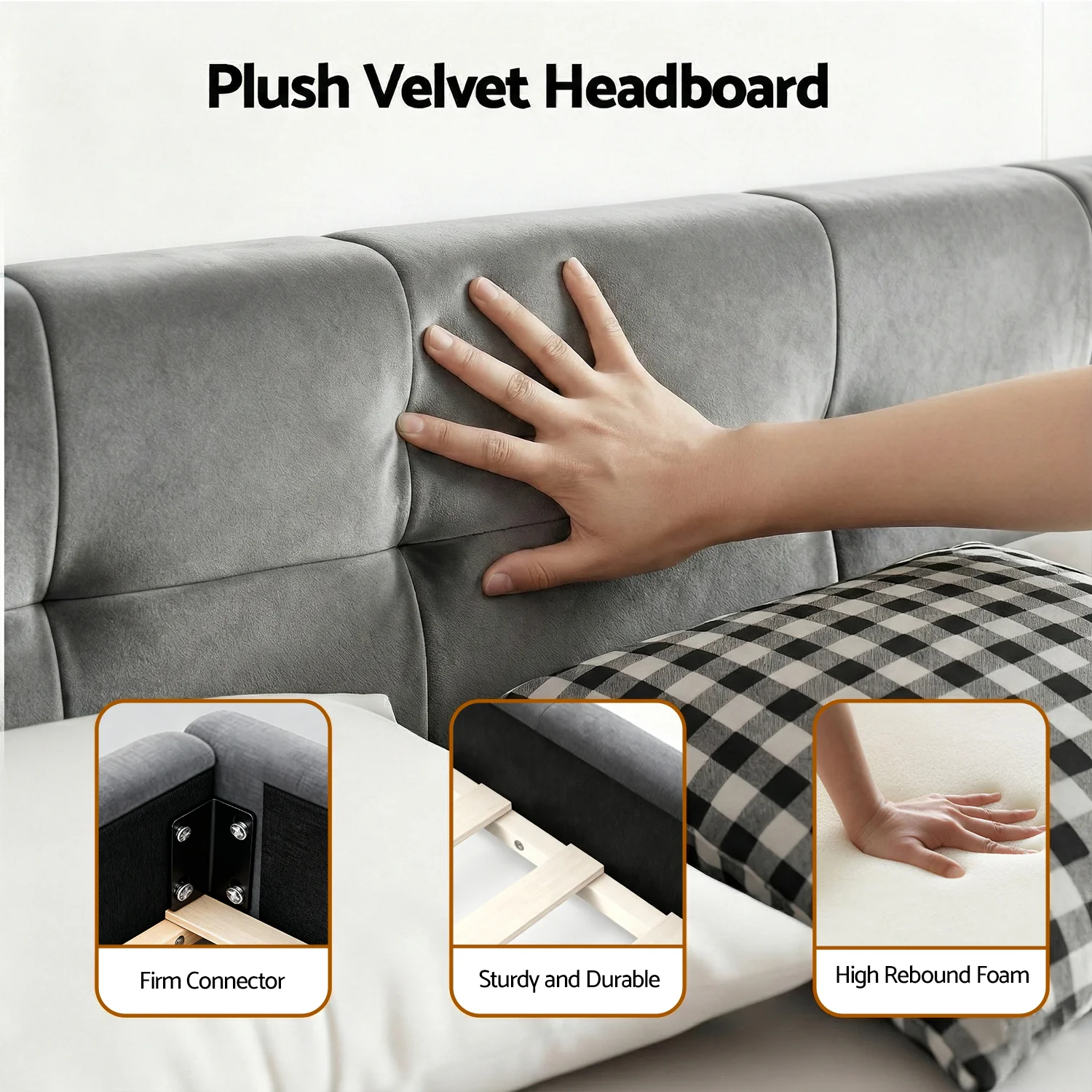 Artiss King Size Bed Frame Plush Soft Headboard Velvet Platform Base for Modern Bedrooms Grey - Image 5