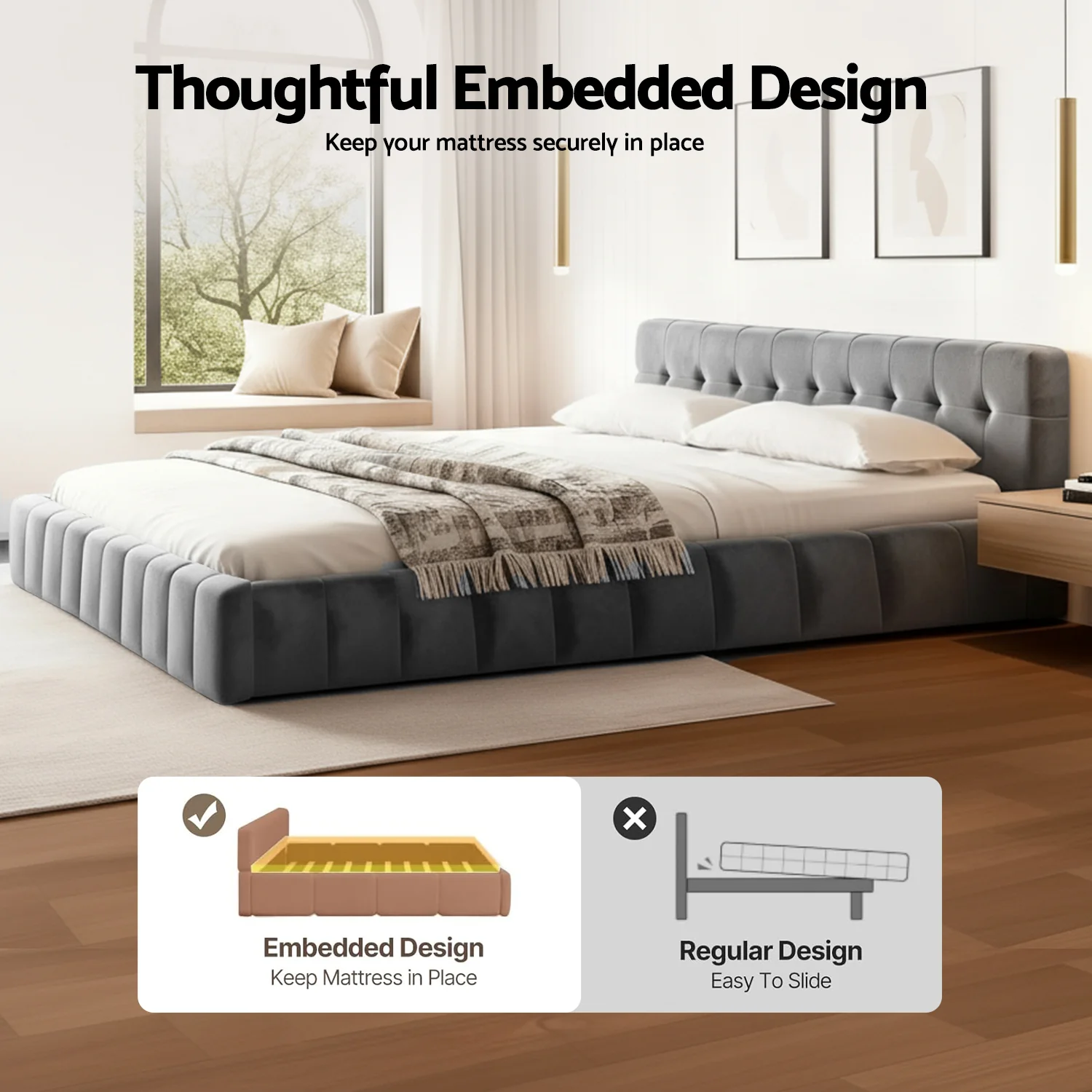 Artiss King Size Bed Frame Plush Soft Headboard Velvet Platform Base for Modern Bedrooms Grey - Image 6