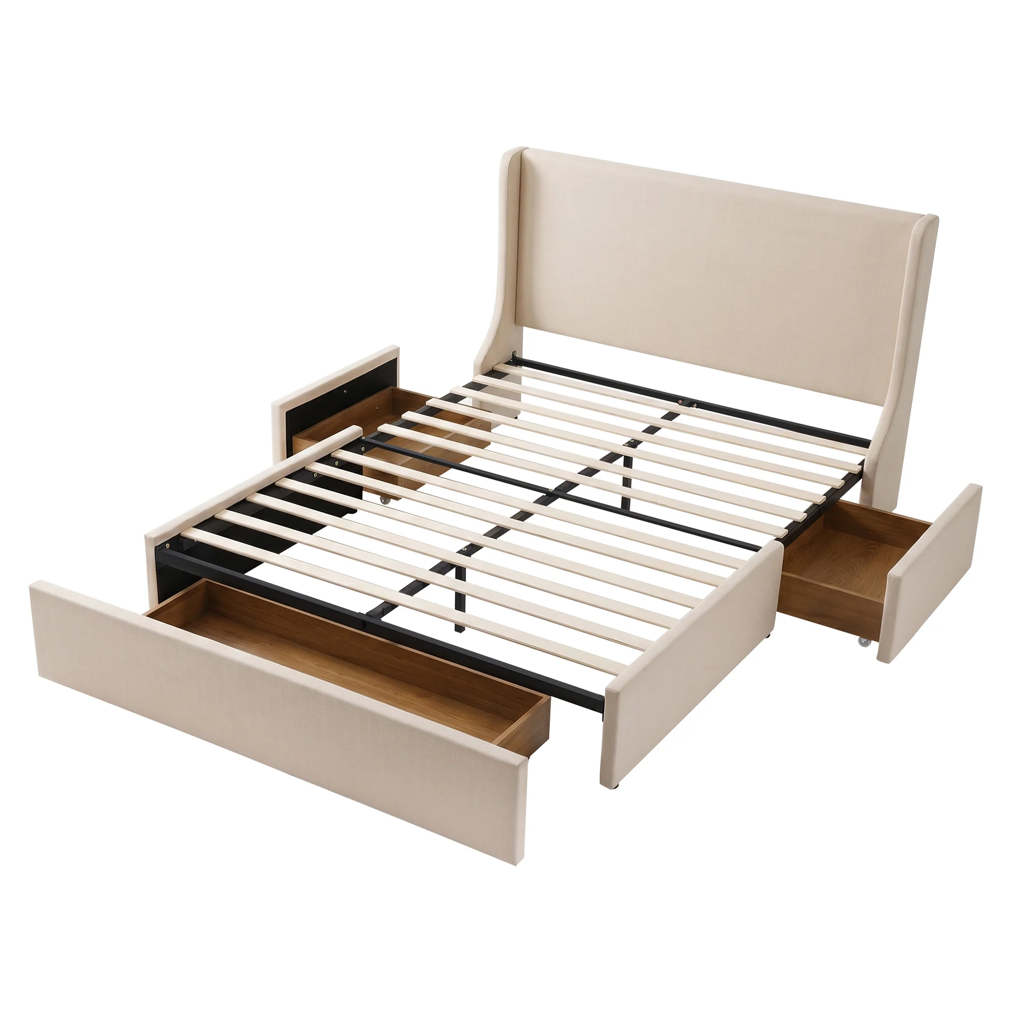 Artiss King Upholstered Bed Frame with 3 Storage Drawers Wingback Headboard Heavy Duty Metal Platform Base - Image 2