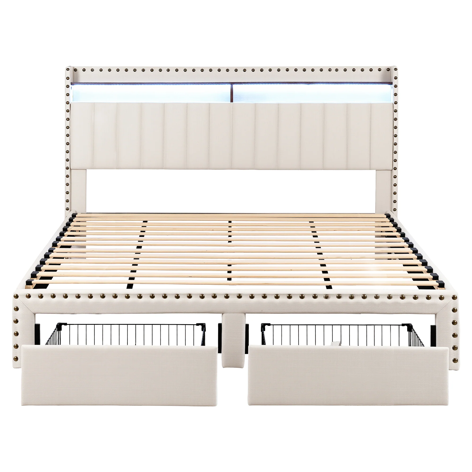 Artiss King Upholstered Bed Frame with Shelf Storage Drawers Charging Station Mood Lighting Linen - Image 3