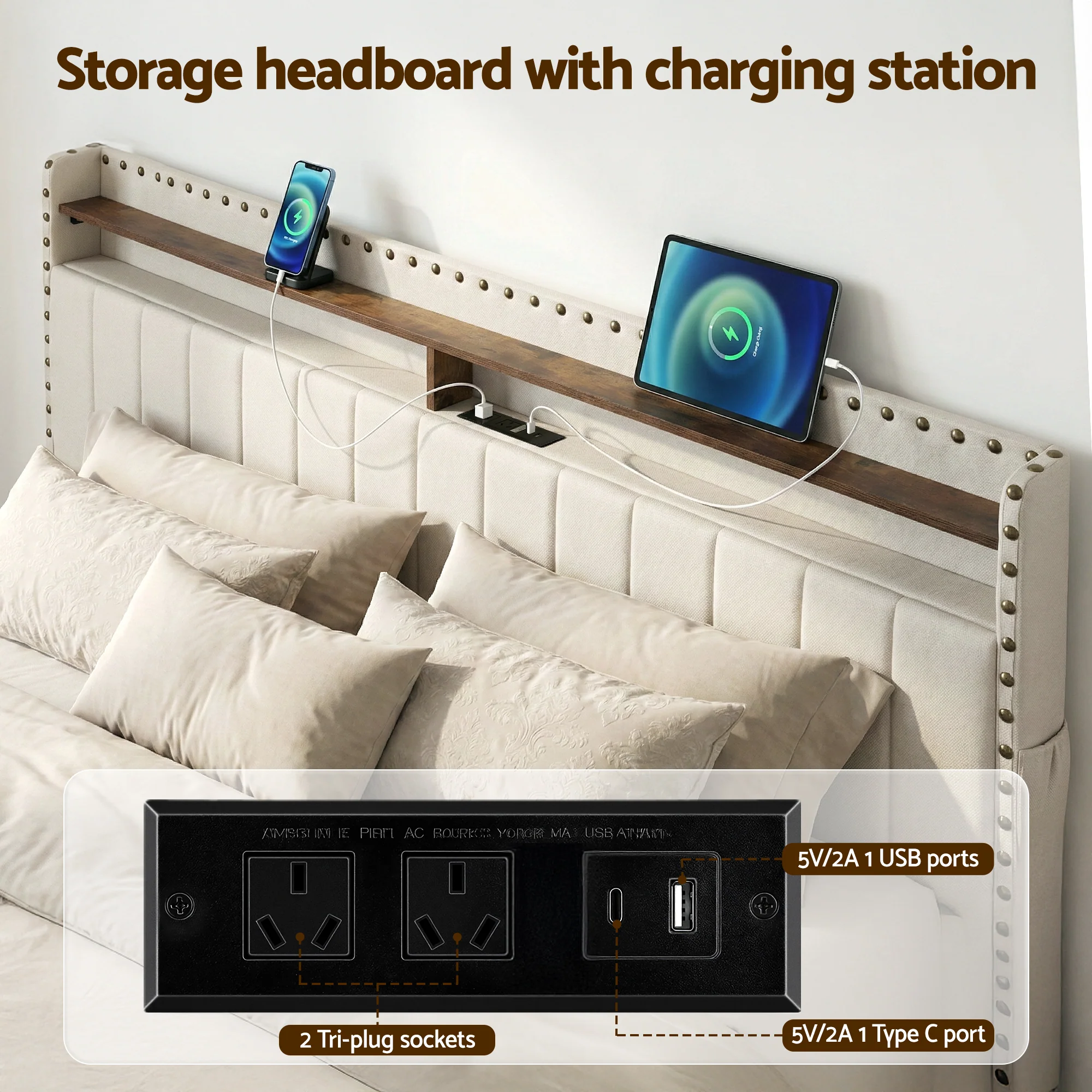 Artiss King Upholstered Bed Frame with Shelf Storage Drawers Charging Station Mood Lighting Linen - Image 5