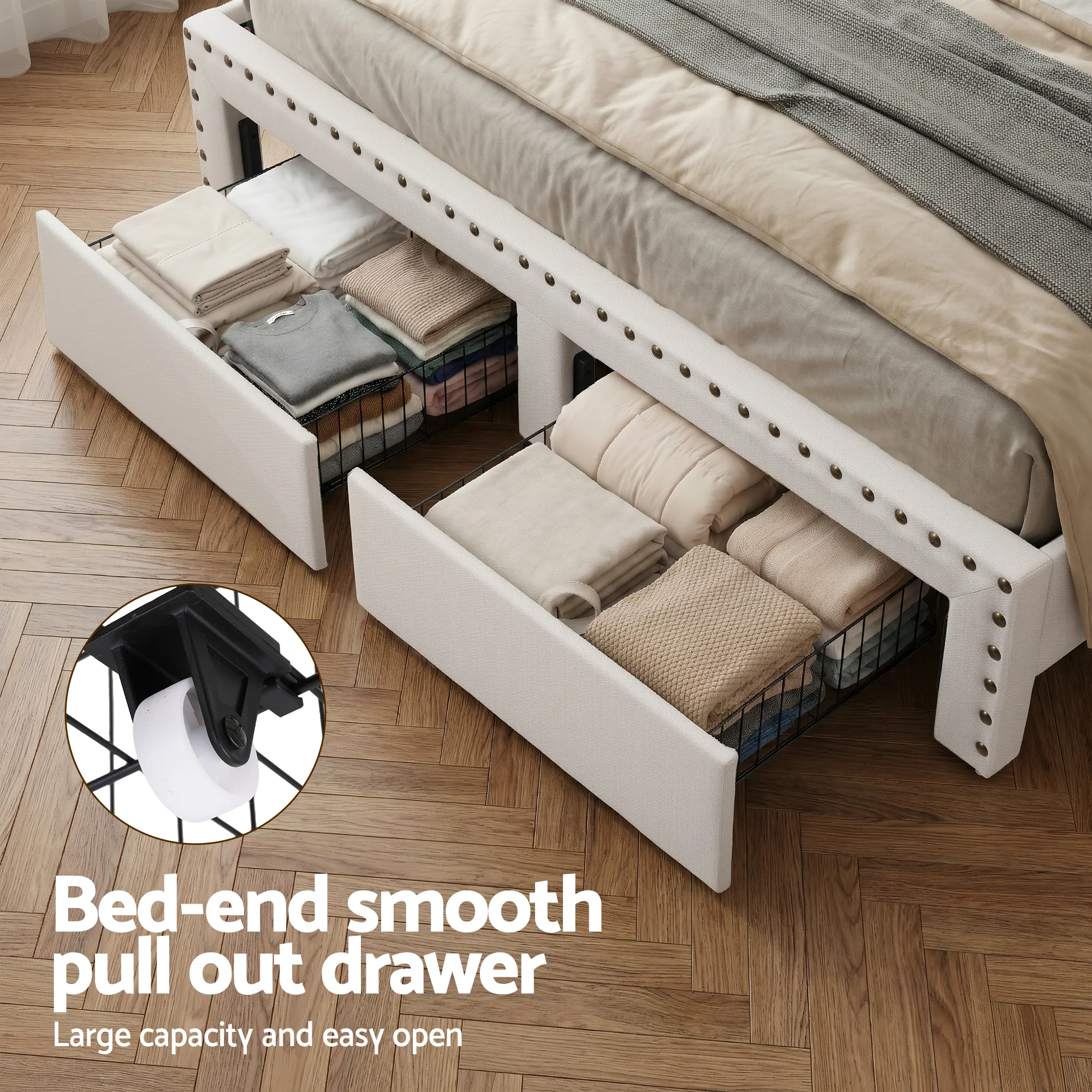 Artiss King Upholstered Bed Frame with Shelf Storage Drawers Charging Station Mood Lighting Linen - Image 6