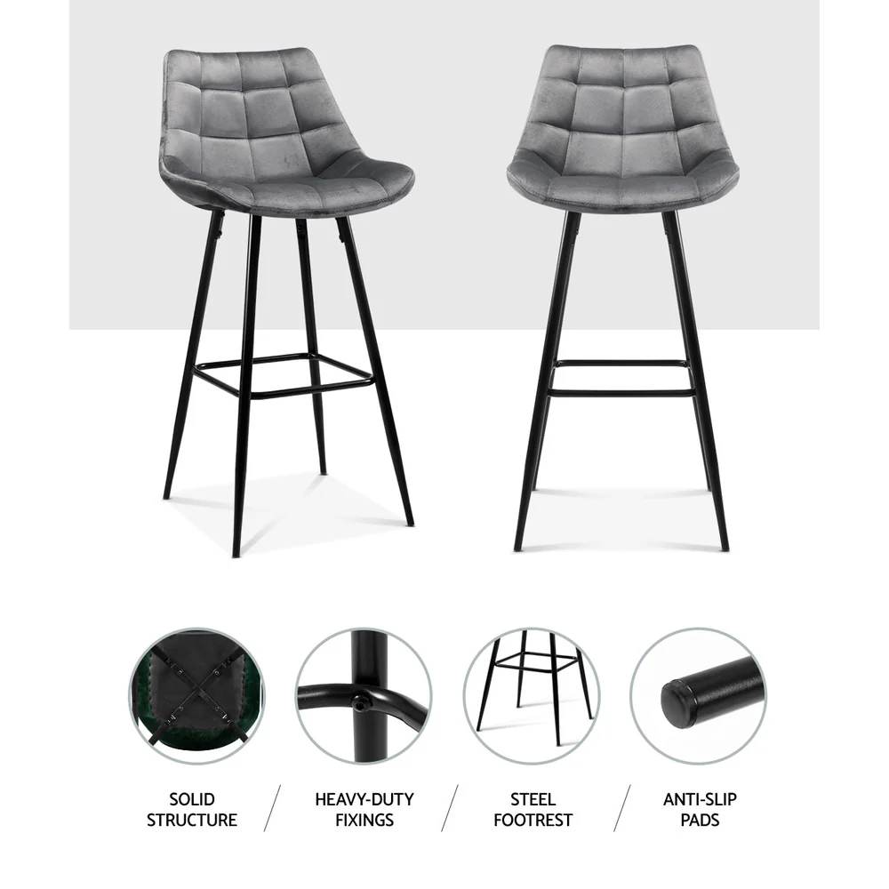 Artiss 2x Bar Stools Velvet Chairs Grey - Image 5
