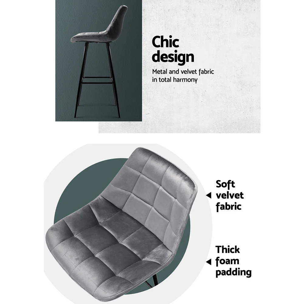 Artiss 2x Bar Stools Velvet Chairs Grey - Image 6