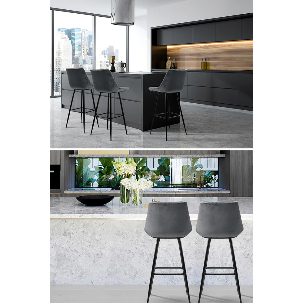 Artiss 2x Bar Stools Velvet Chairs Grey - Image 7