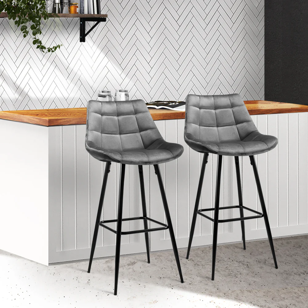 Artiss 2x Bar Stools Velvet Chairs Grey - Image 8