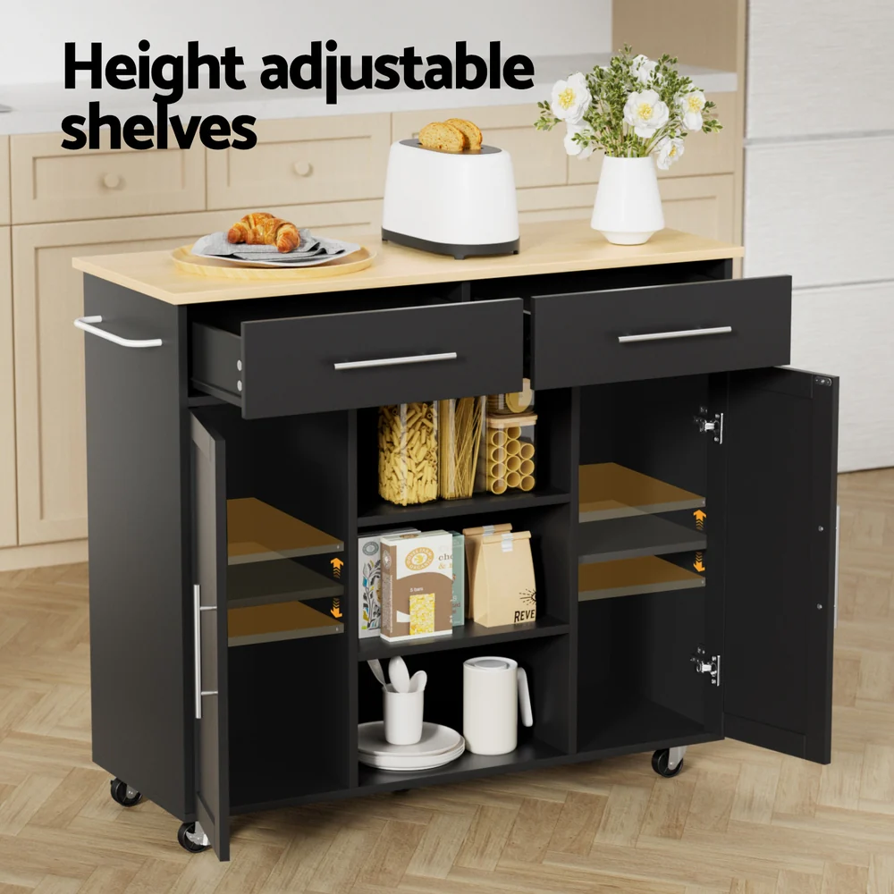 Artiss Kitchen Island Trolley Rolling Serving Cart Storage Drawer Cabinet 100cm Black - Image 5
